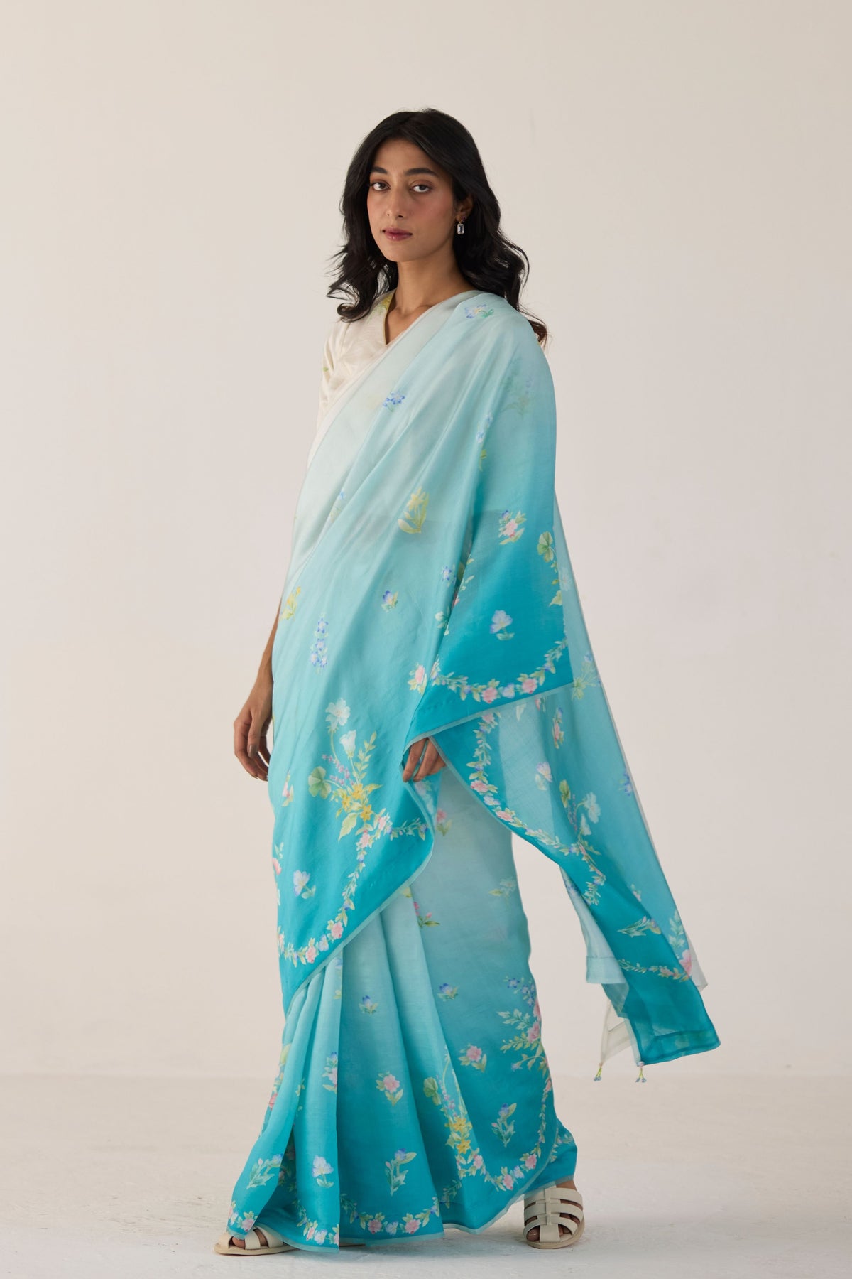 Blue Clover Field Mulberry Organza Silk Sari