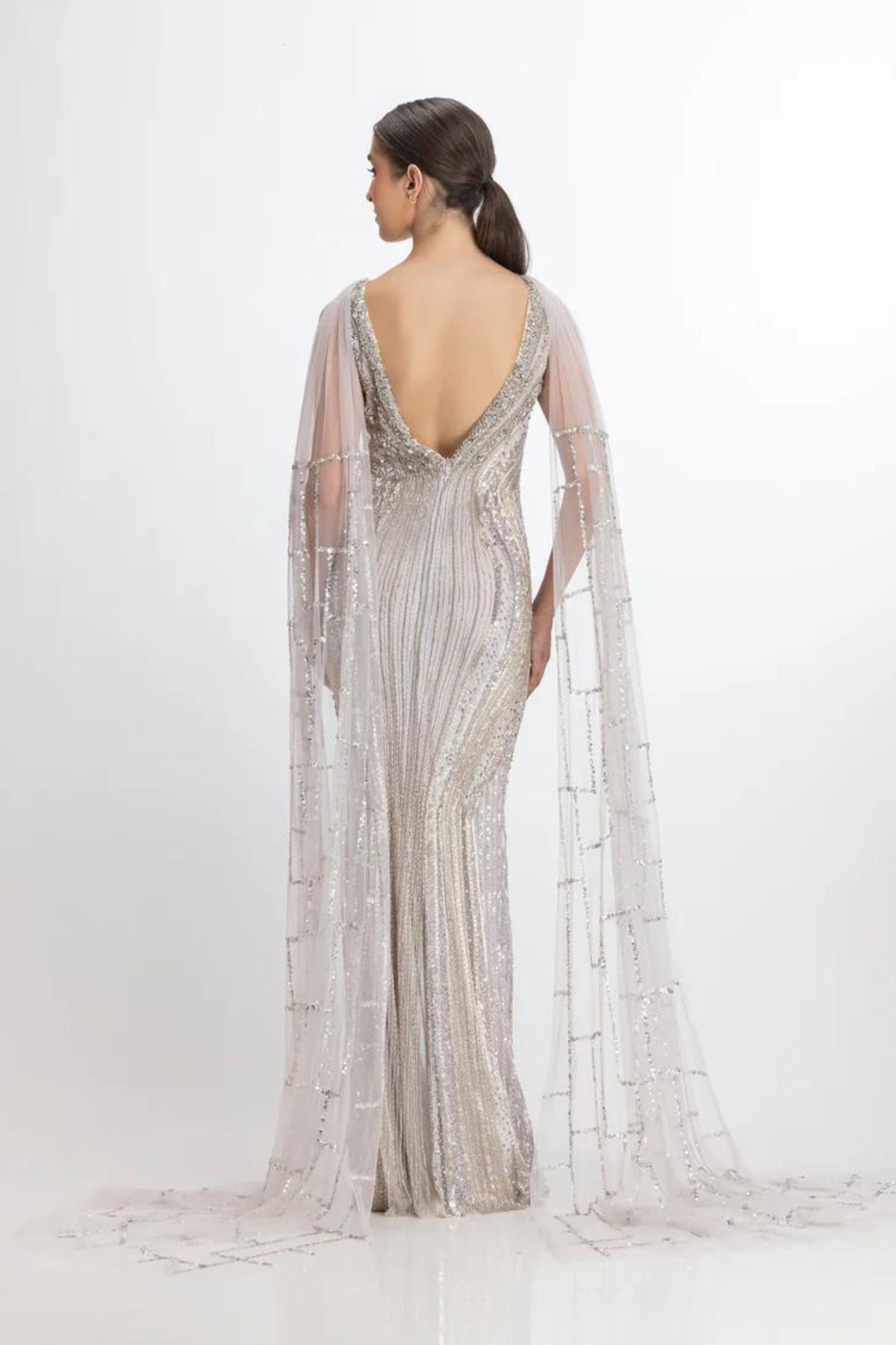 Metallic embroidered wing gown