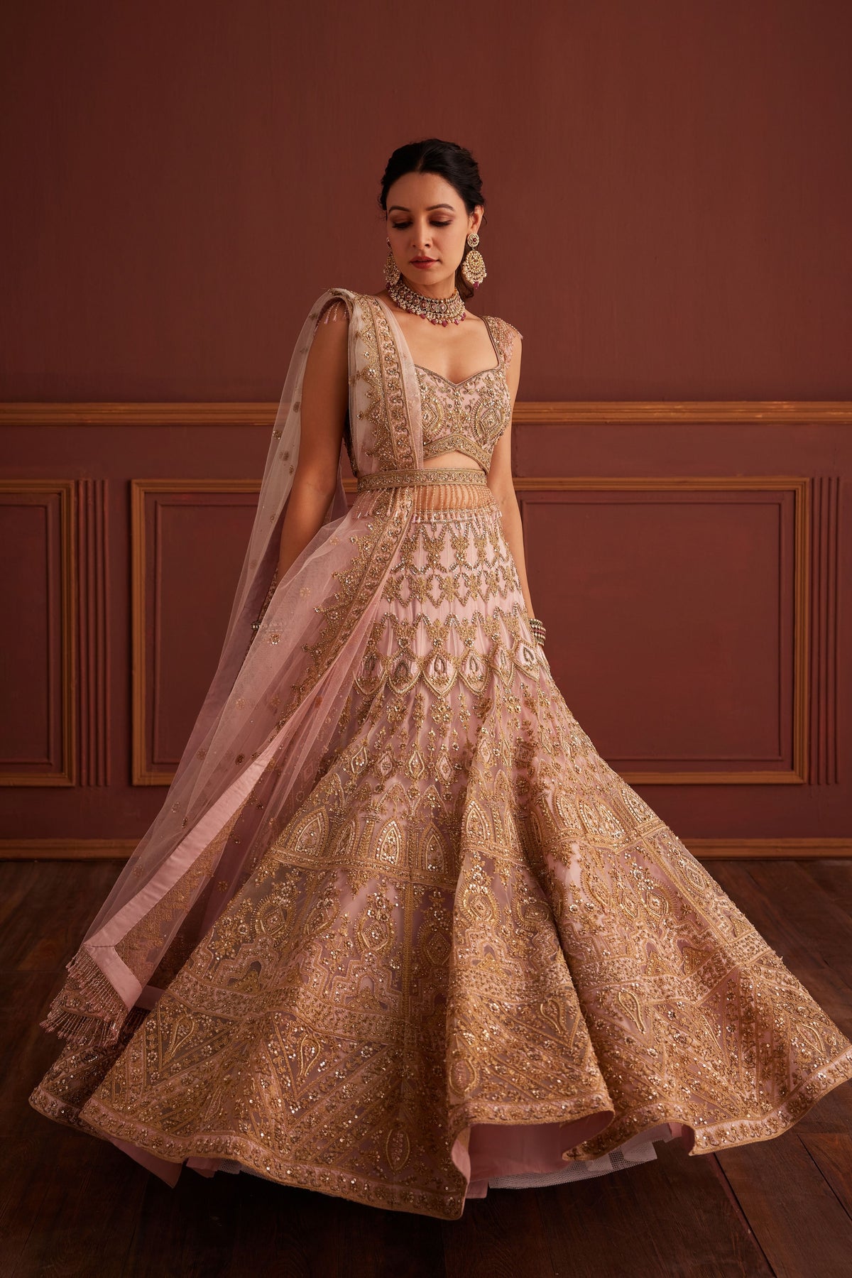 Pink Cutdana &amp; Dabka Embellished Lehenga