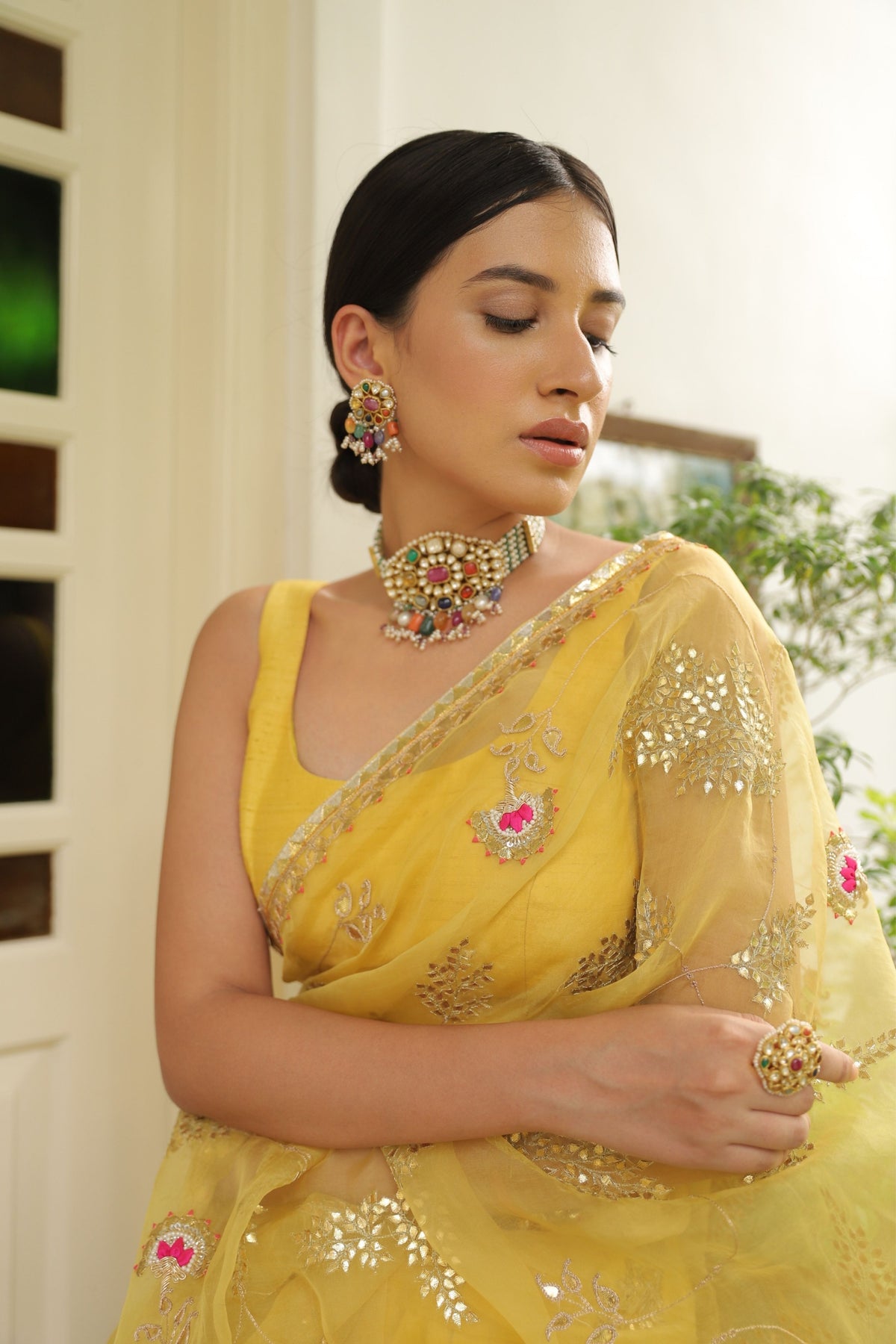 Yellow Gota Patti Jaal Saree Set