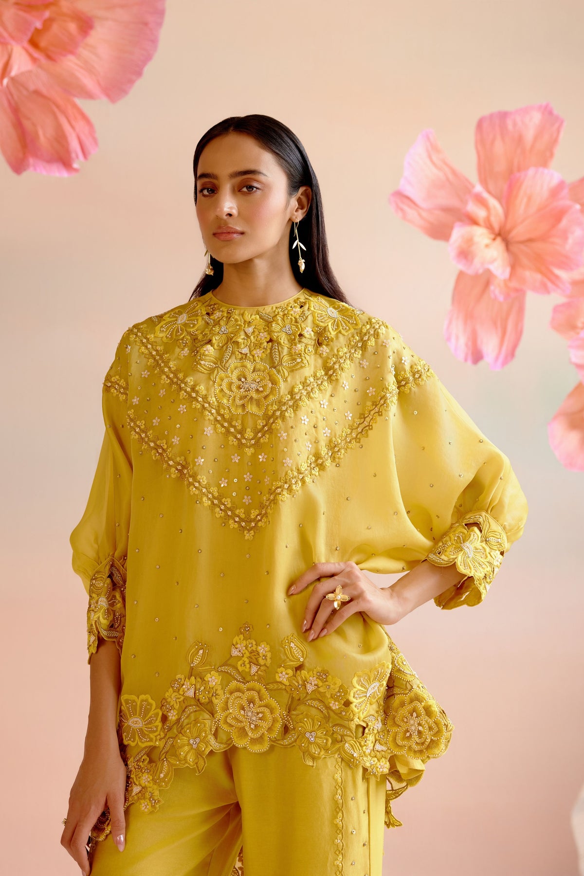 Yellow Multi Tonal Cutwork Kimono Tunic Set