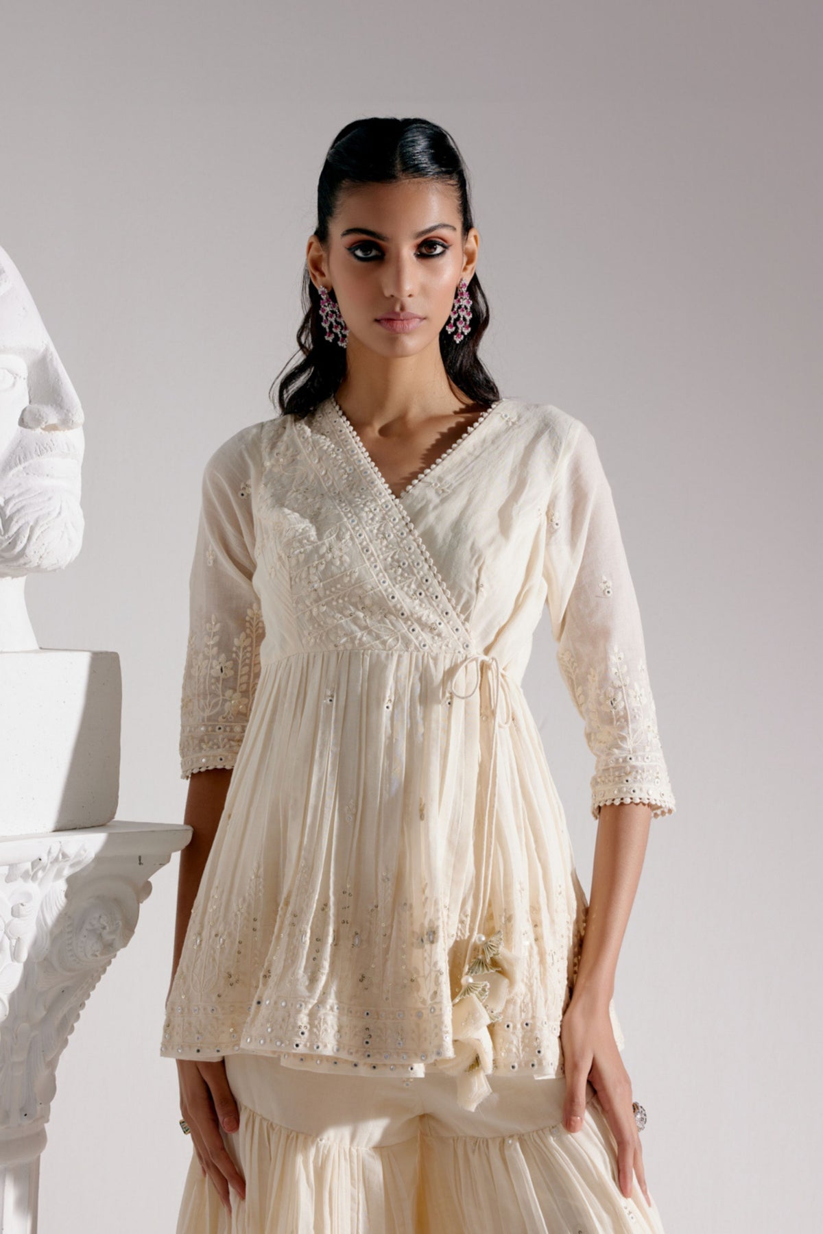 Off White Lotus Peplum Sharara Set