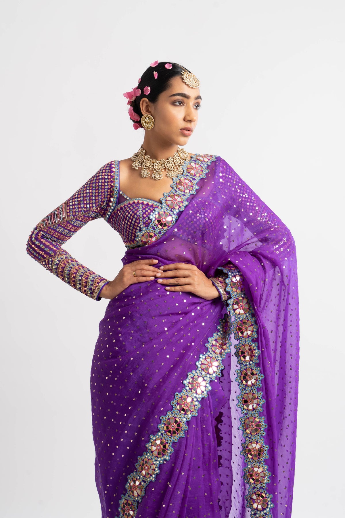 Purple mirror border saree set