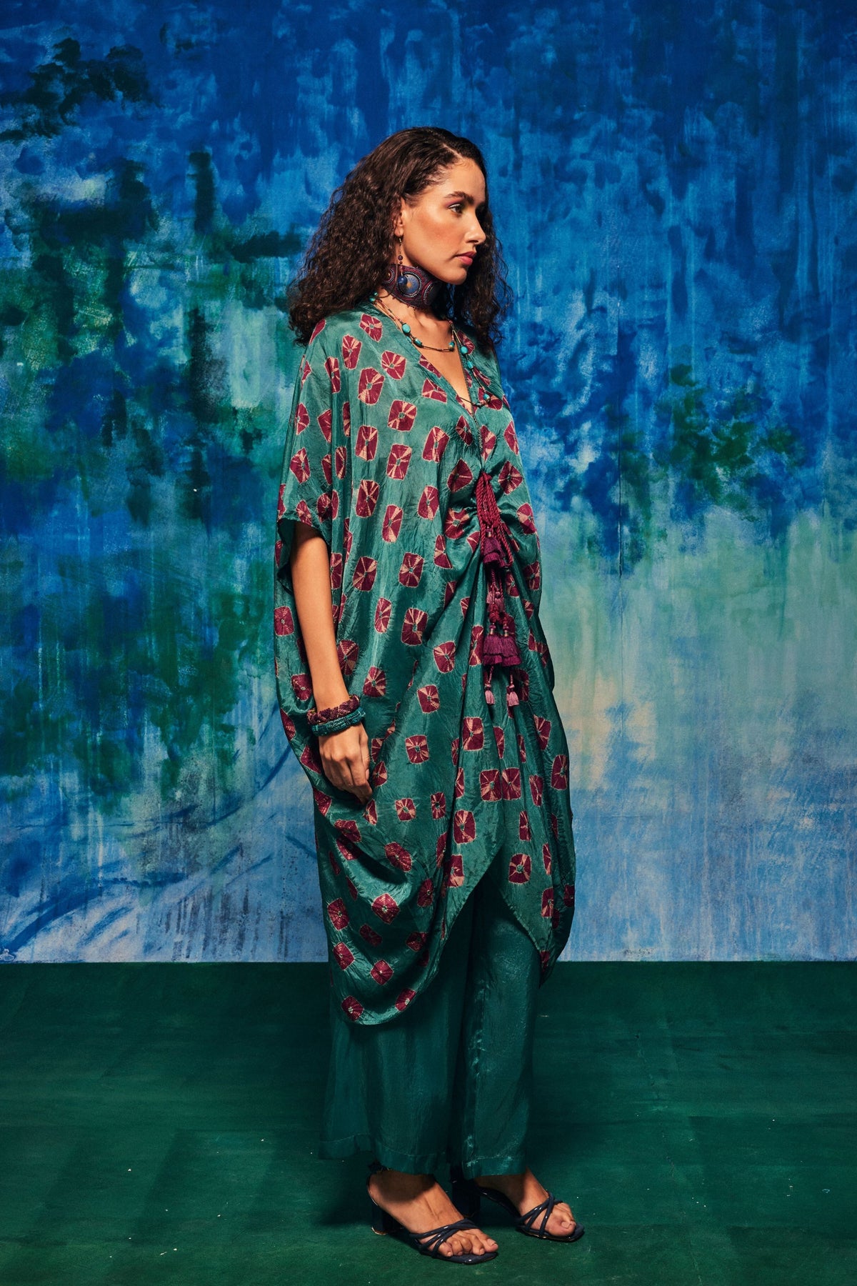 Shibori Coco Teal Kaftan Set