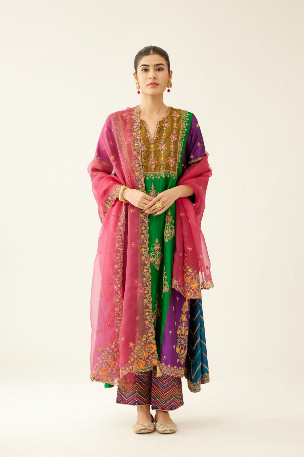 Multi Colored Panelled  Silk Kurta Set