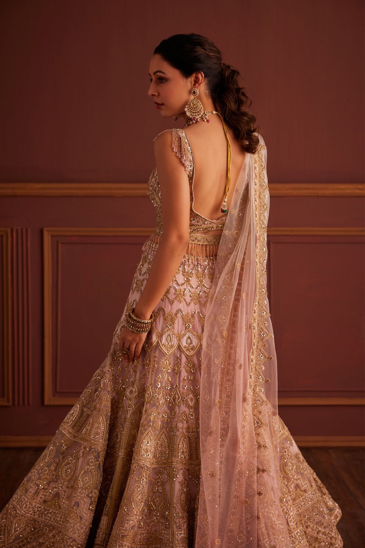 Pink Cutdana &amp; Dabka Embellished Lehenga