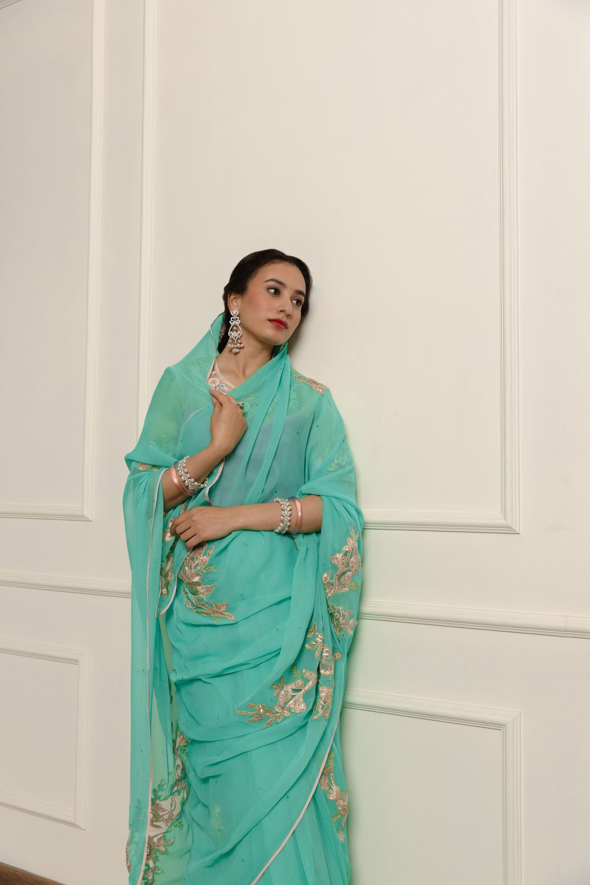 Azuria Teal Chiffon Saree