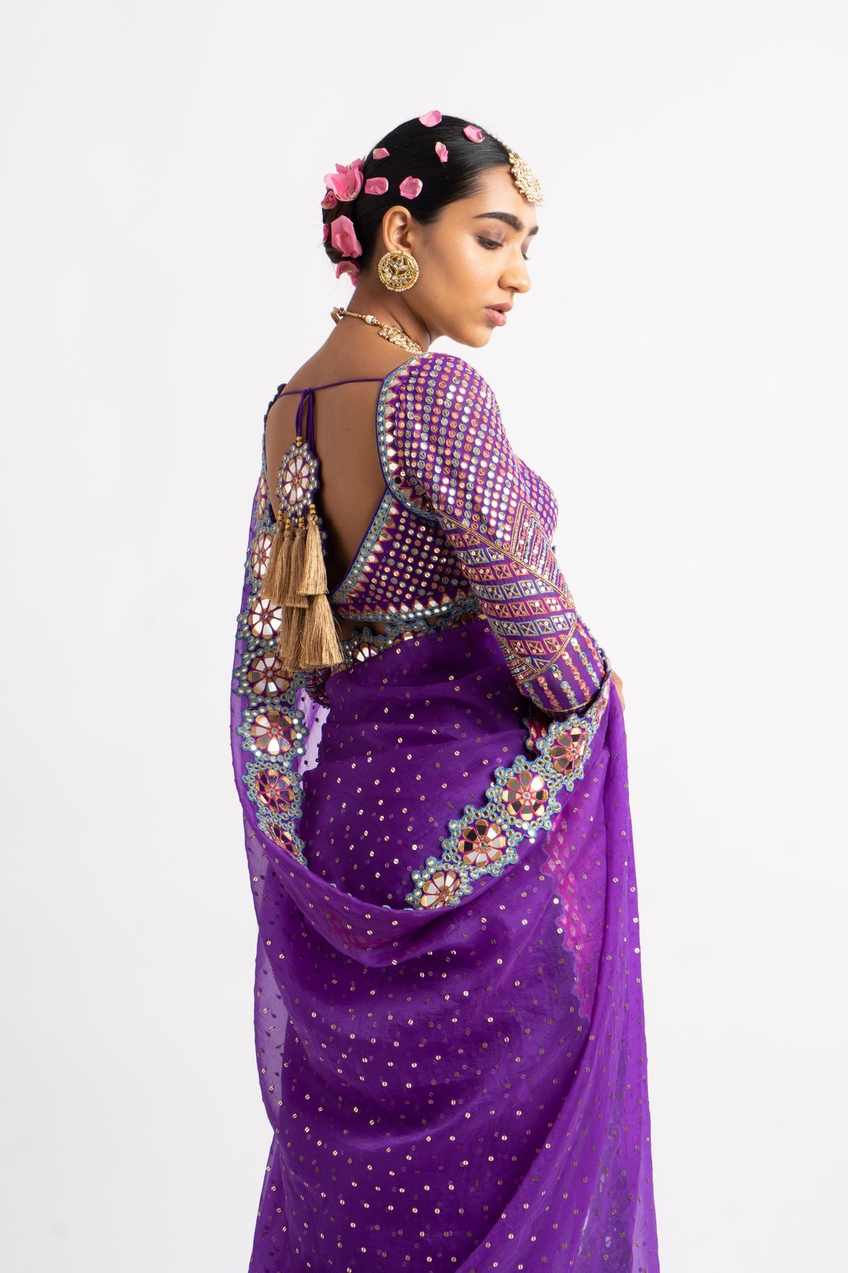 Purple mirror border saree set