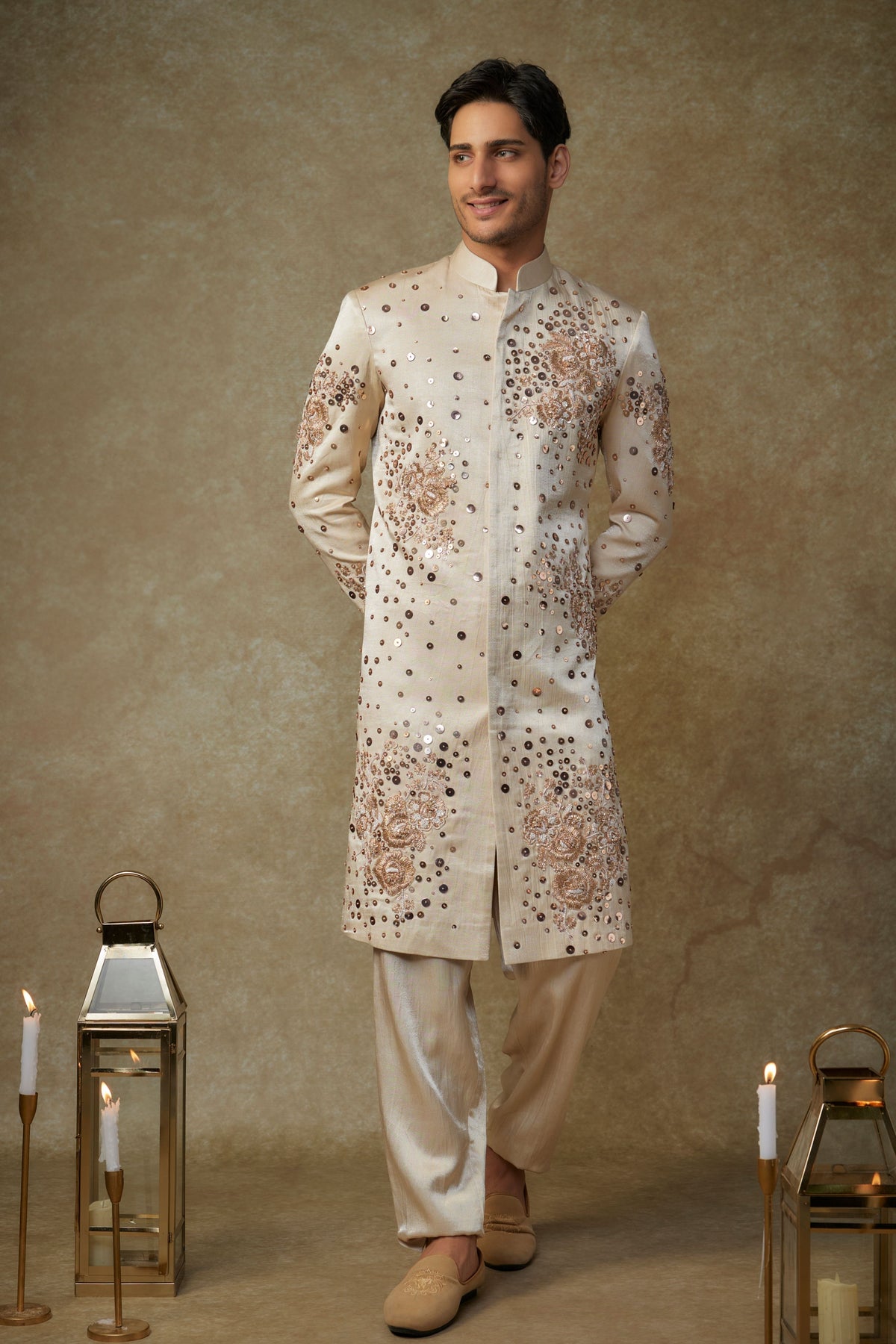 Beige Embroidered Sherwani Set