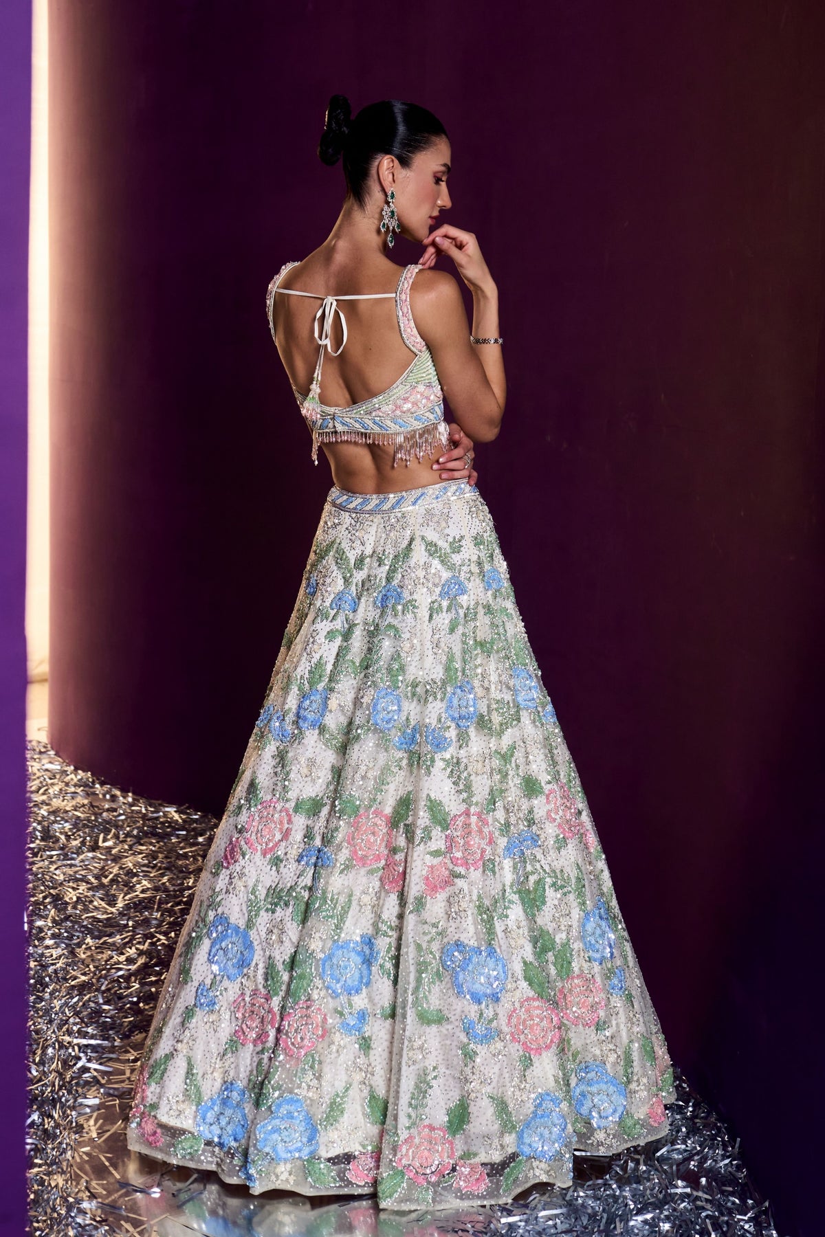 Ivory Net Floral Lehenga Set