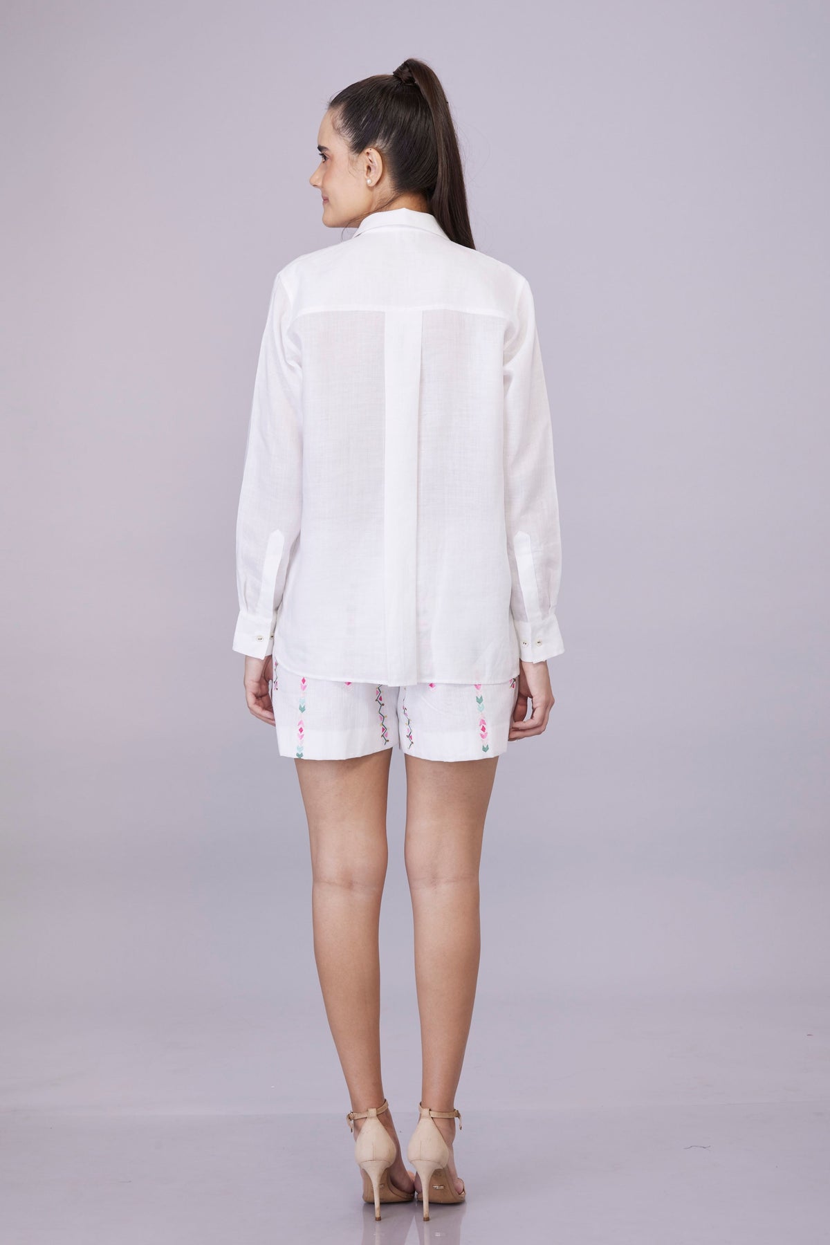 White Asymmetric Floral Embroidery Shirt