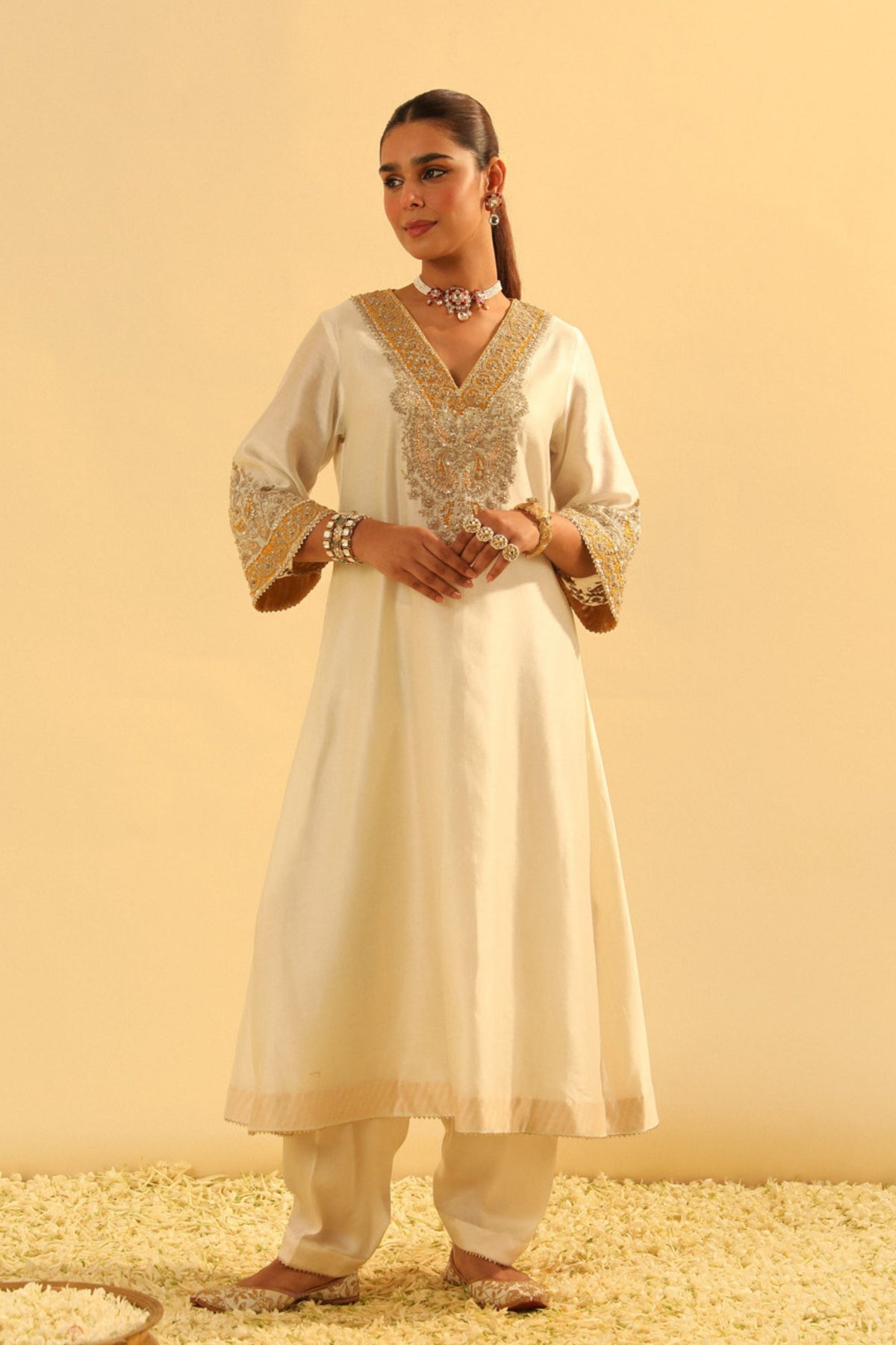 Shazana Ivory Long A-line Choga With Salwar