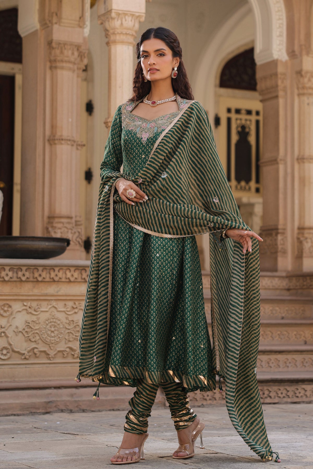 Printed Emerald Green Anarkali Set