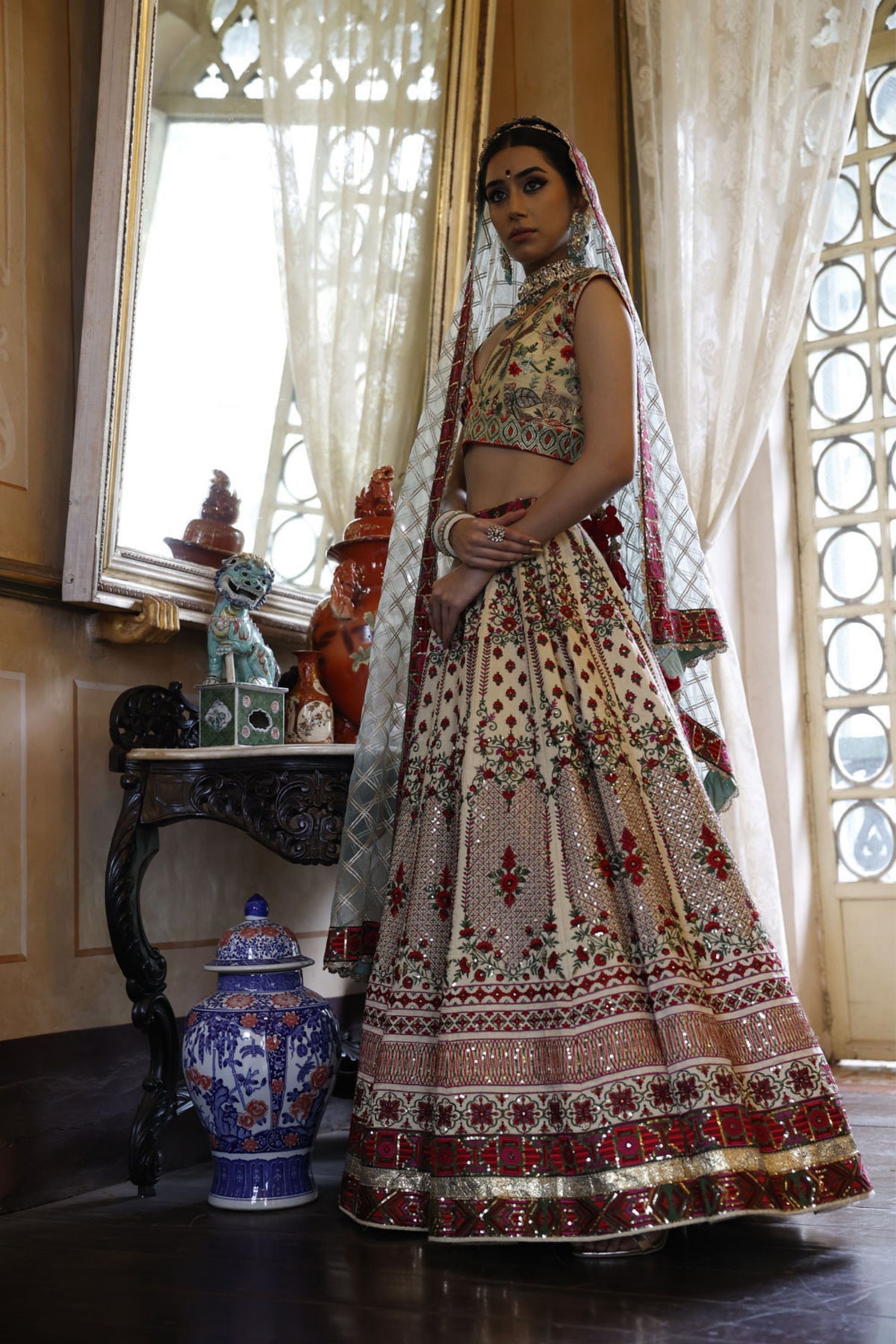 Ivory Kali Lehenga with Choli and Dupatta