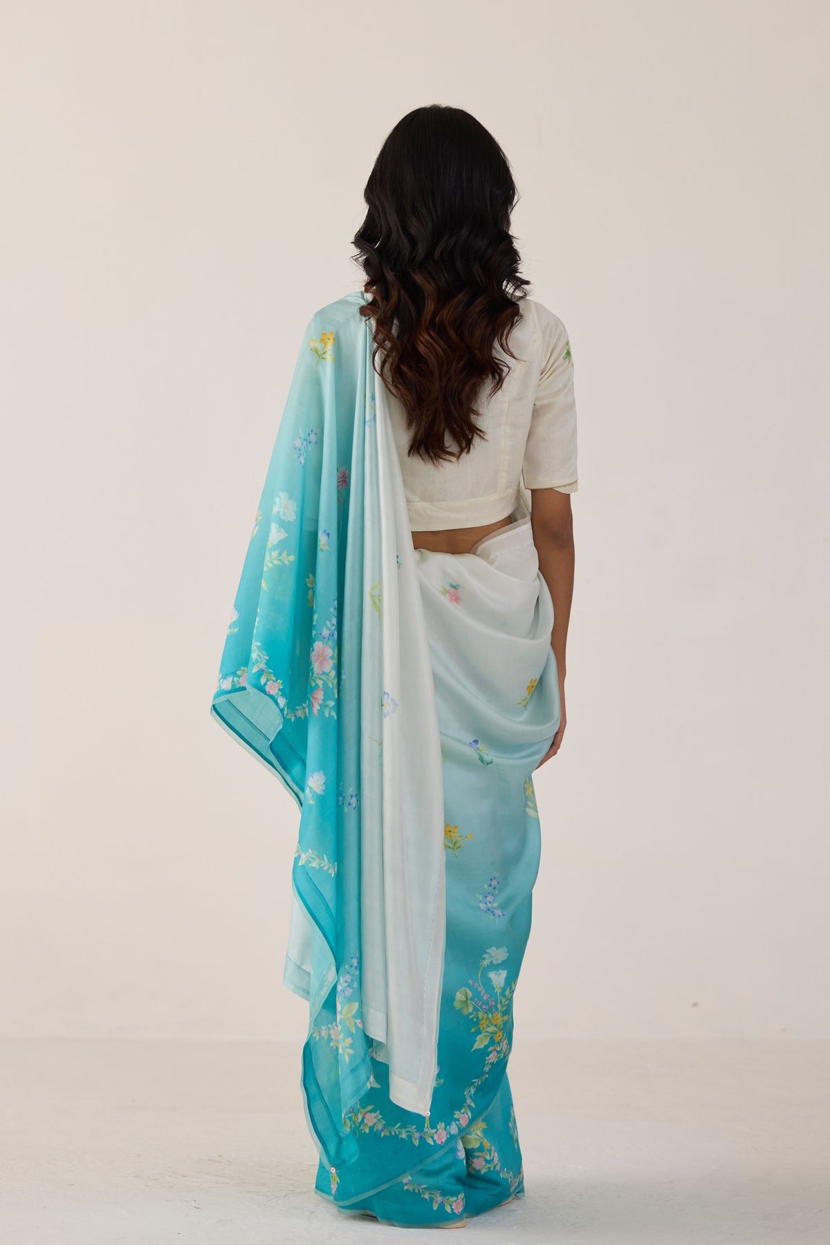 Blue Clover Field Mulberry Organza Silk Sari