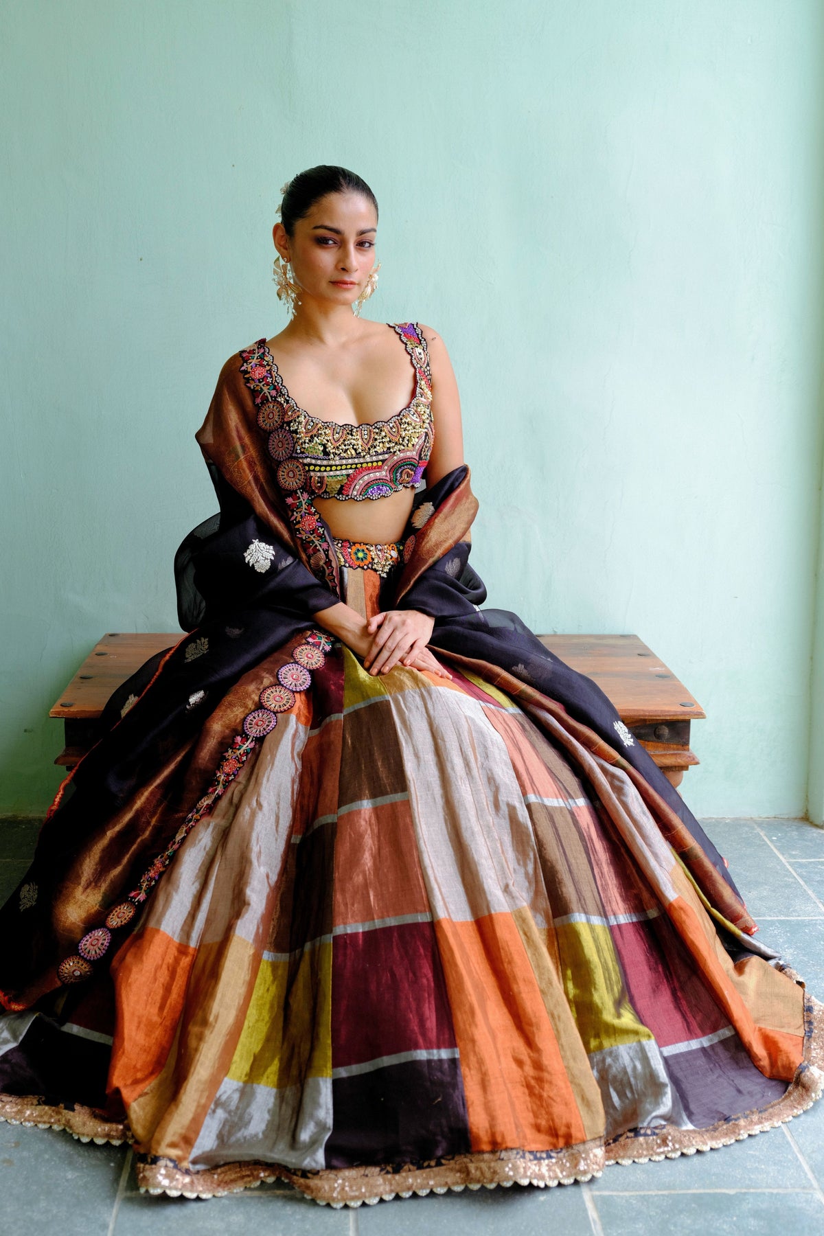 Black Metallic Silk Lehenga Set