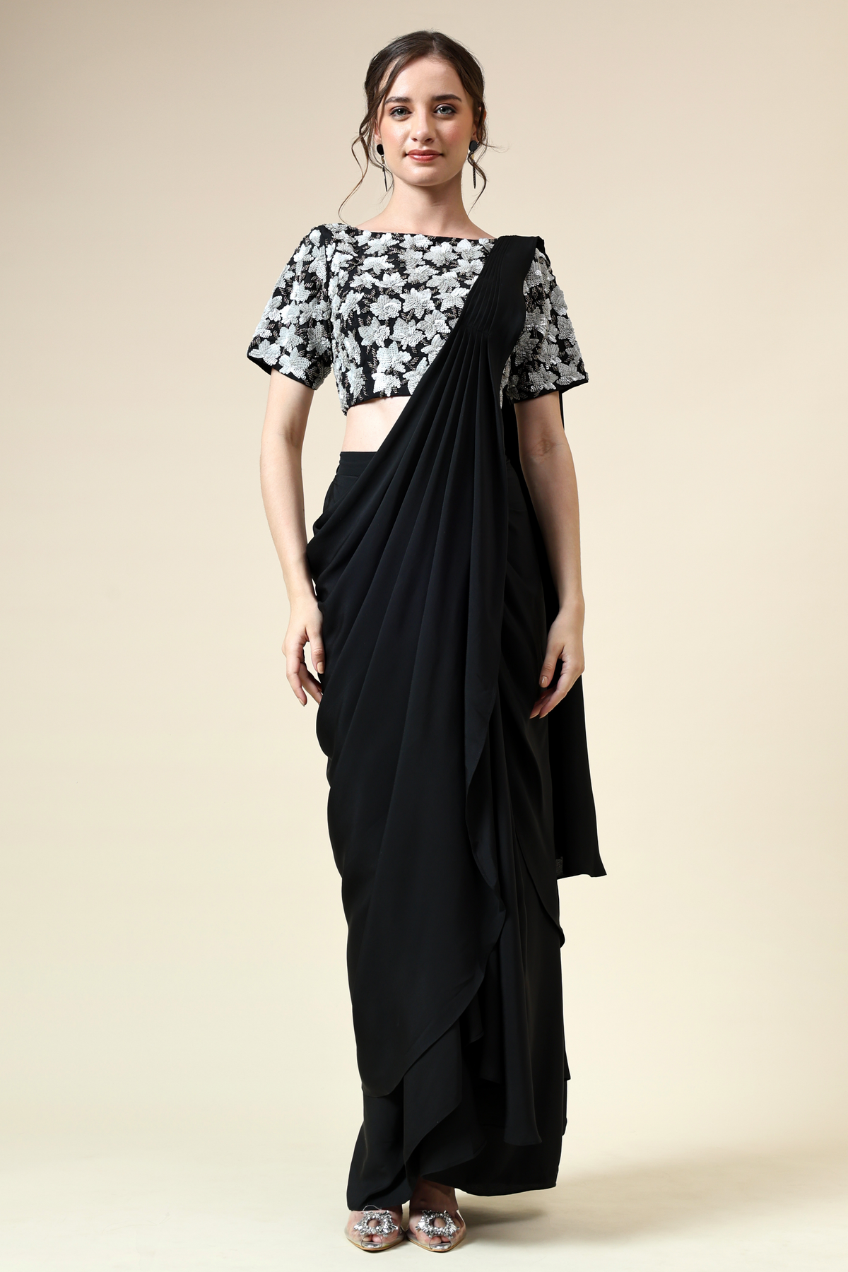 Tropical Embellished Blouse With Pre- Draped Sari