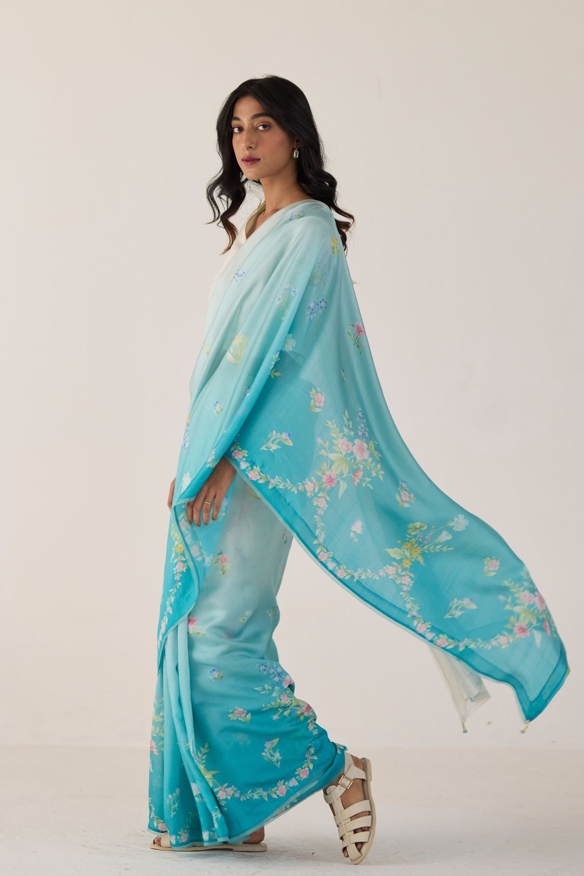 Blue Clover Field Mulberry Organza Silk Sari