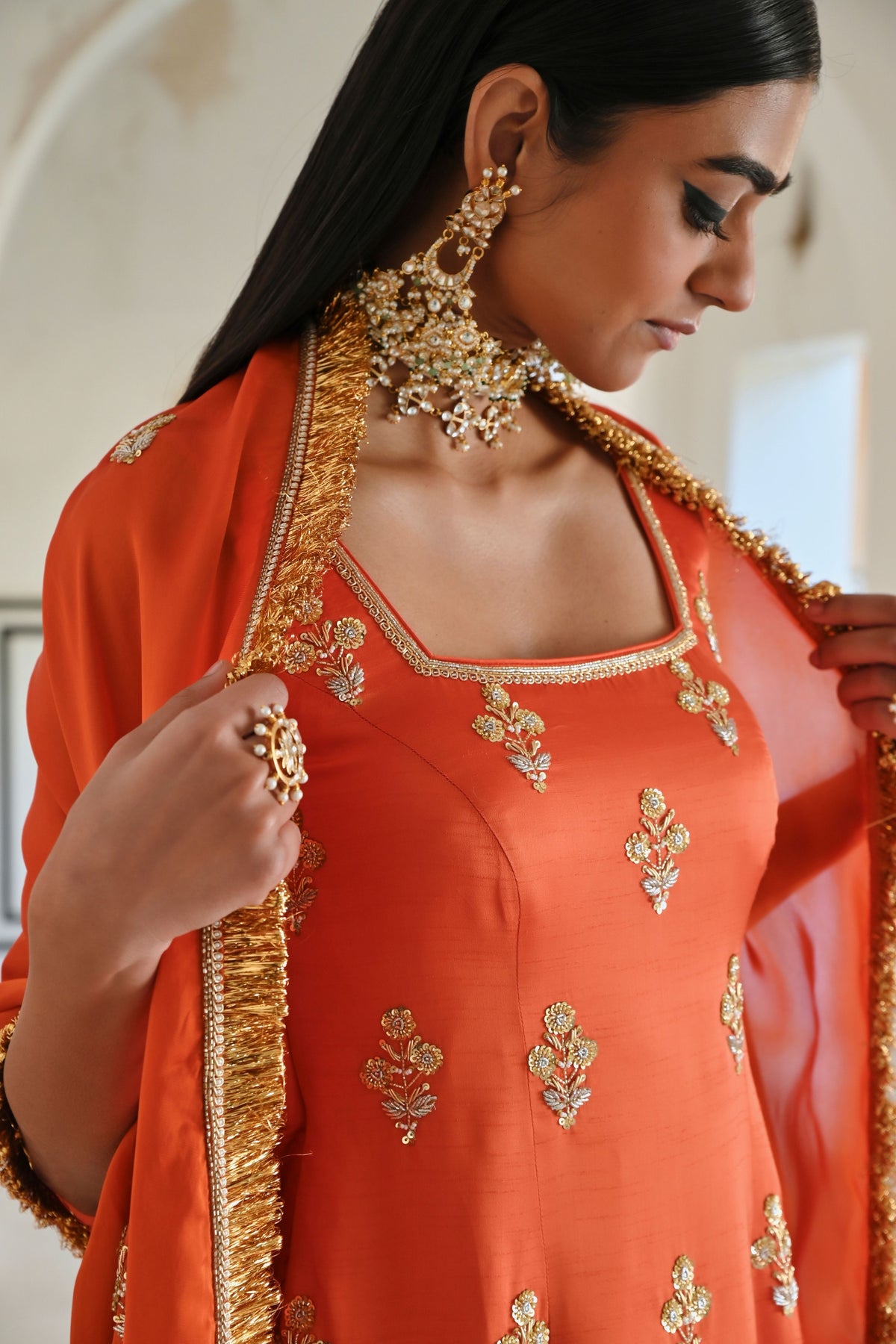 Orange Embroidered Kurta Set