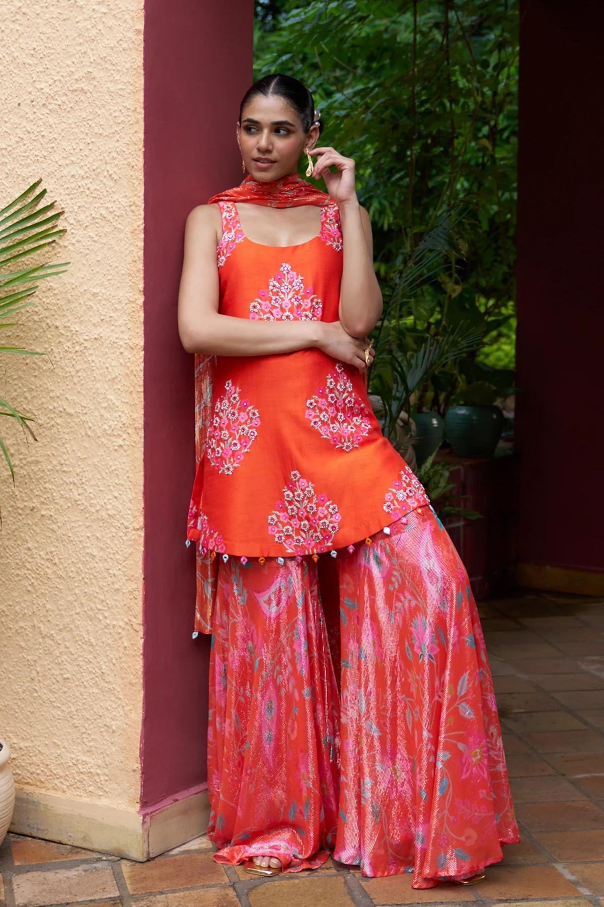 Coral Sleeveless Sharara Set