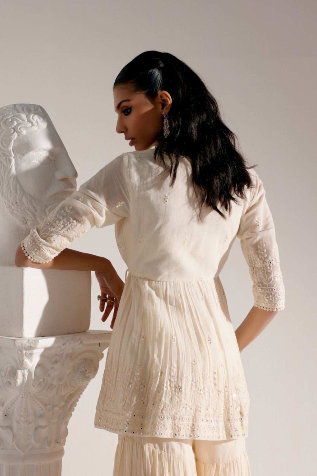 Off White Lotus Peplum Sharara Set