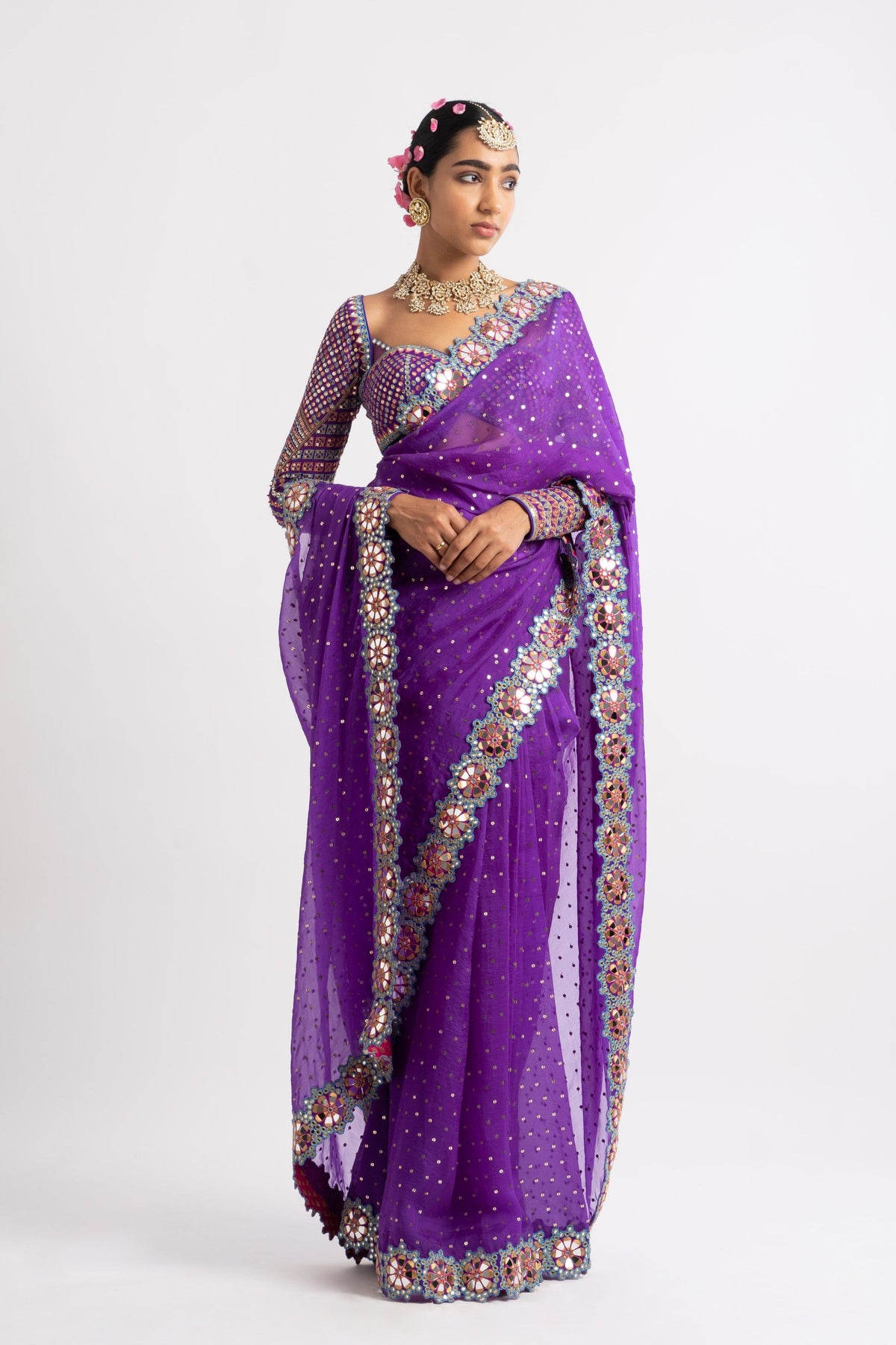 Purple mirror border saree set