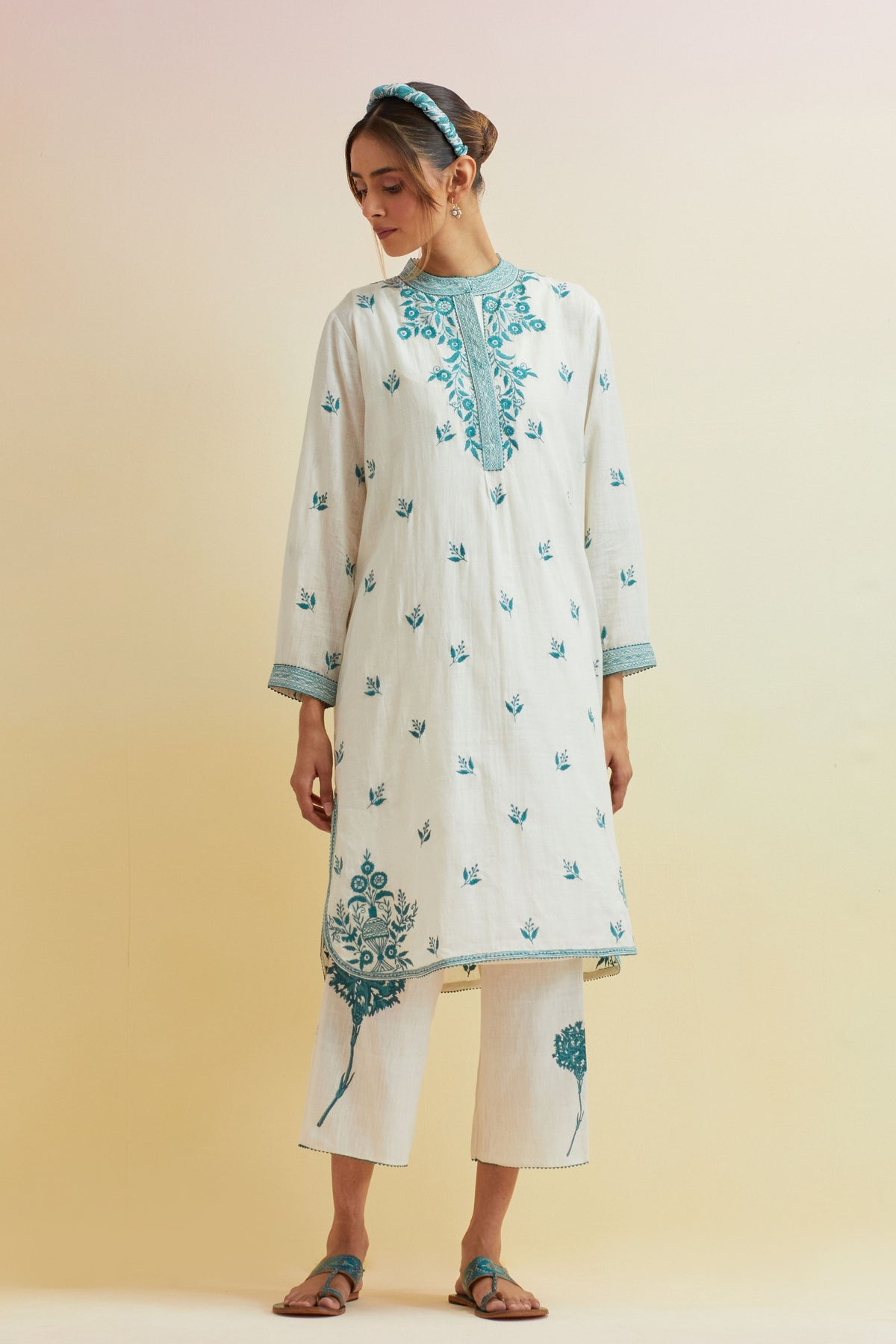 Teal Thread Embroidery Kurta Set