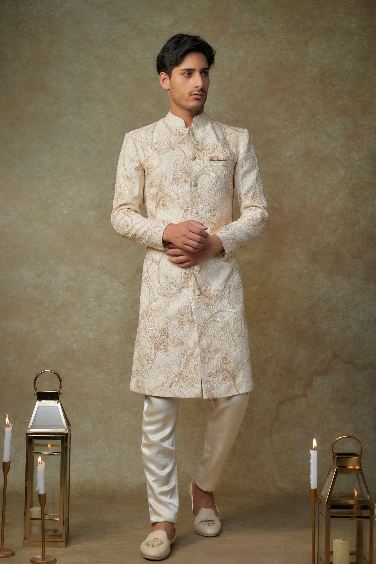 Beige Embroidered Sherwani With Pants