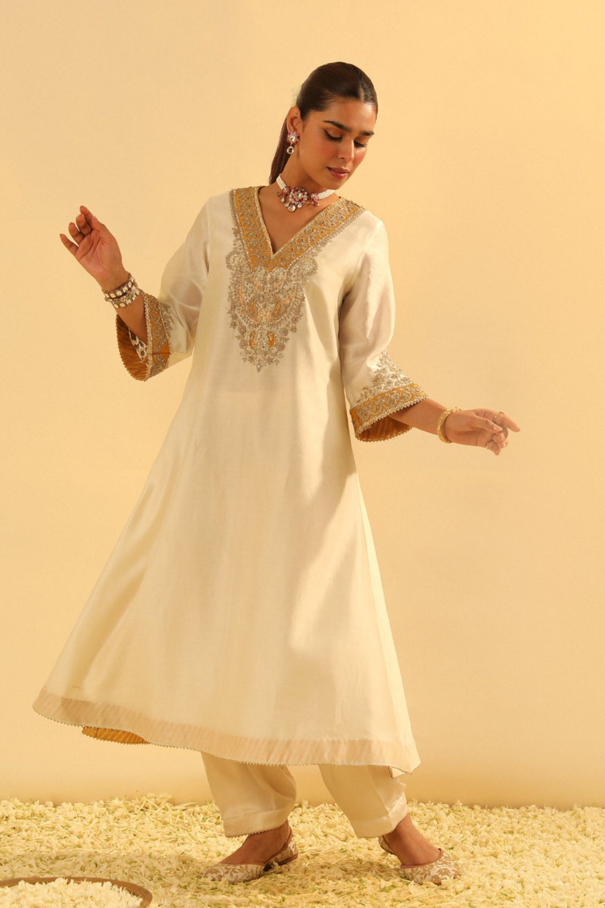 Shazana Ivory Long A-line Choga With Salwar