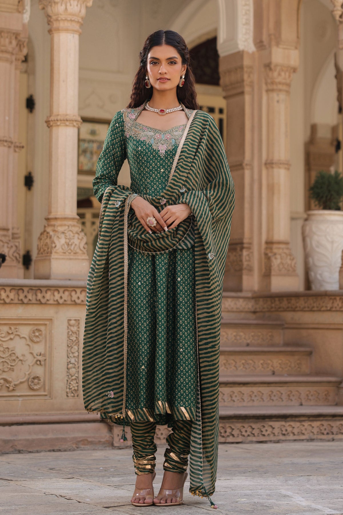 Printed Emerald Green Anarkali Set