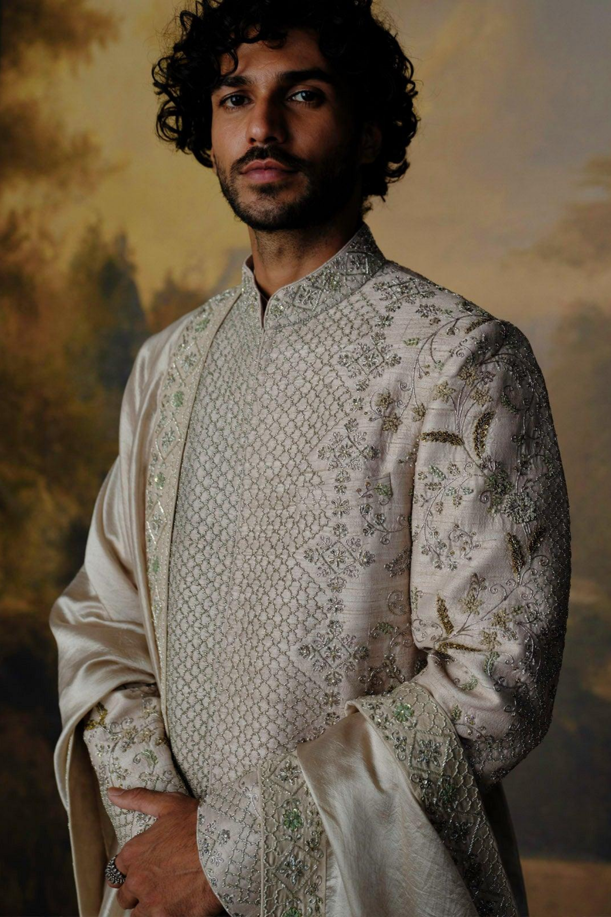 Beige Embroidered Sherwani Set