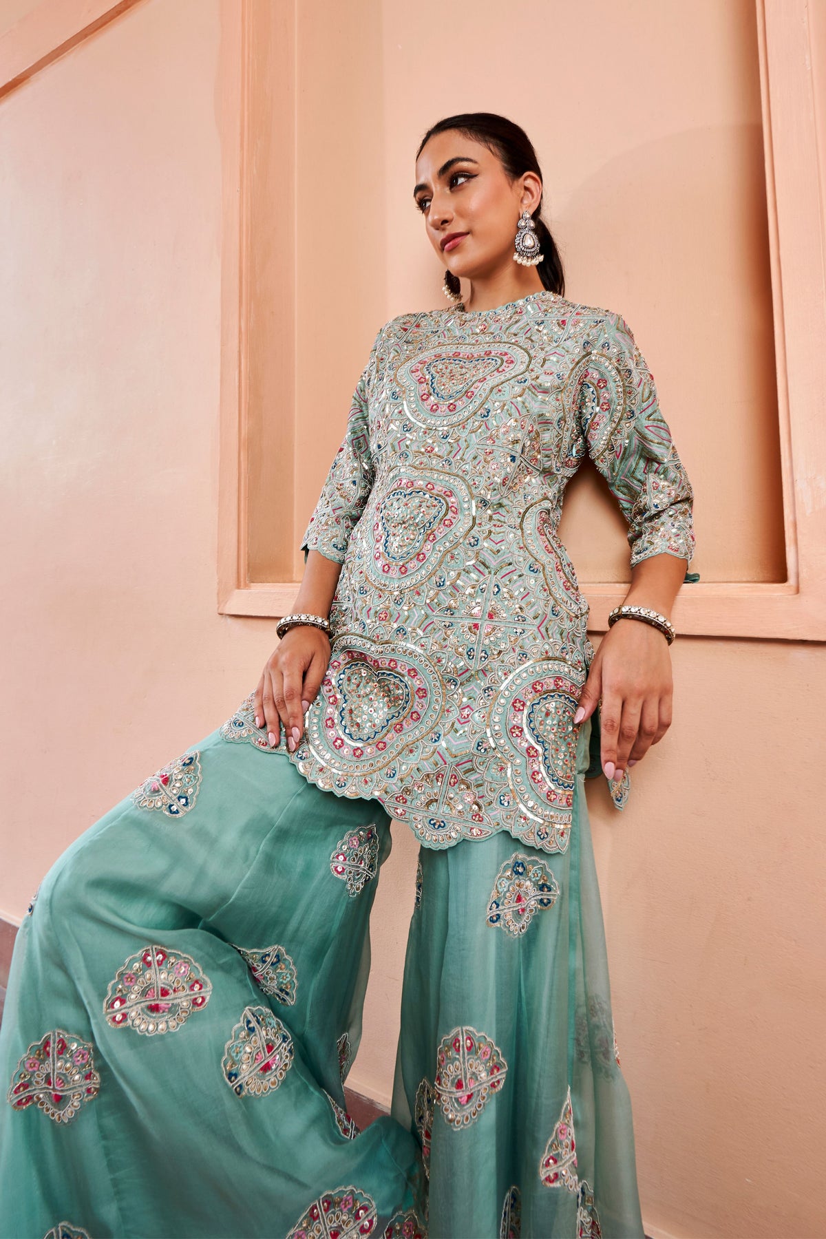 Cadet Blue Embroided Sharara Set