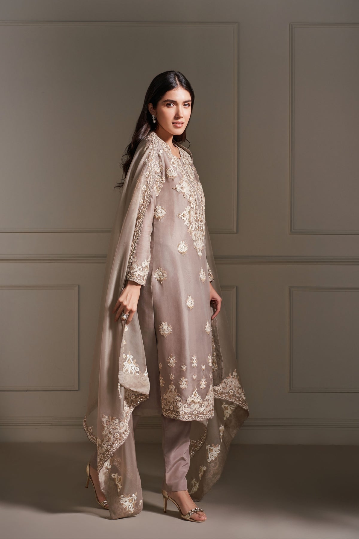 Taupe Hand Embellished Kurta Set