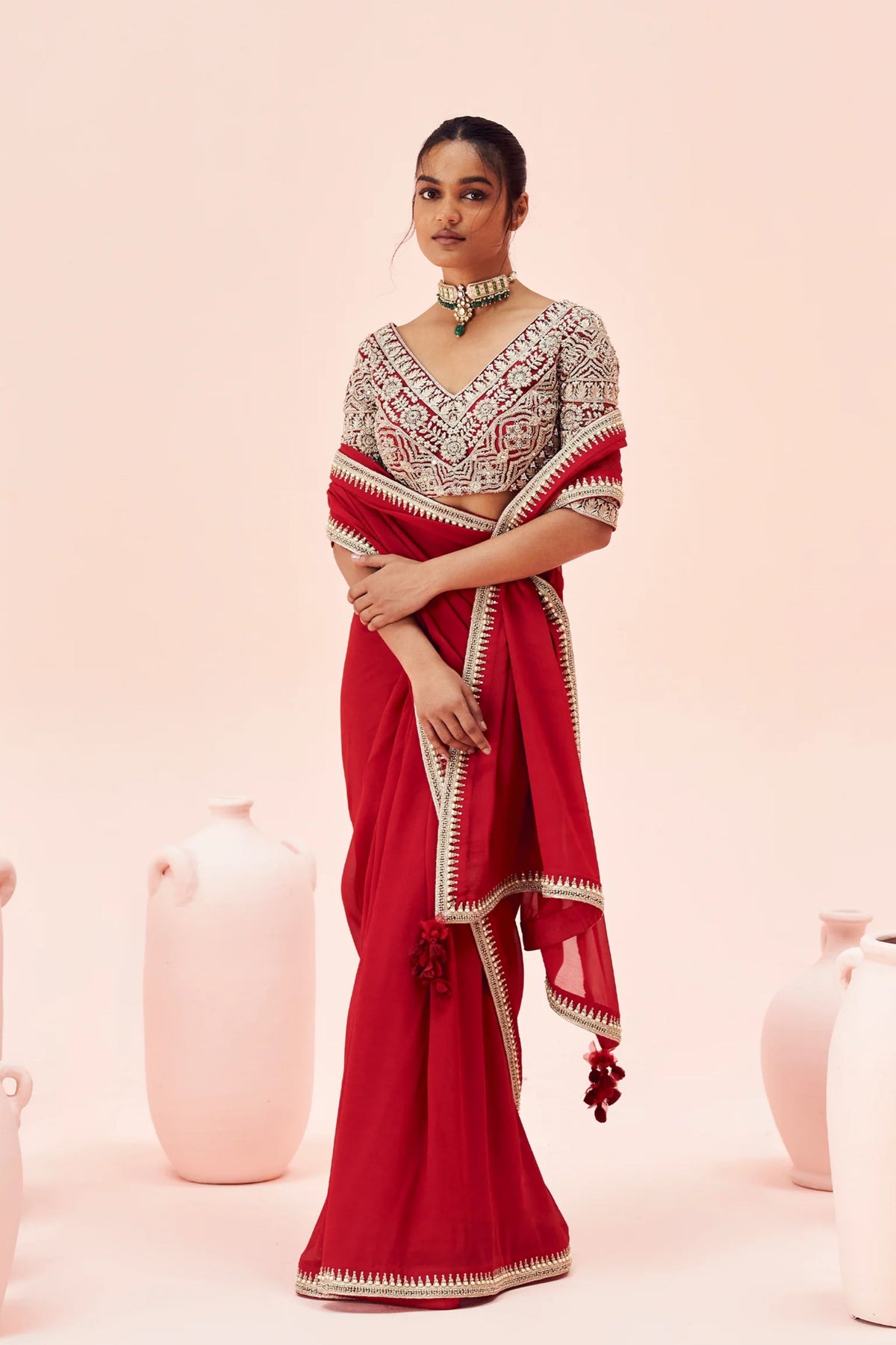 Red Saree With Embroidered Blouse Set