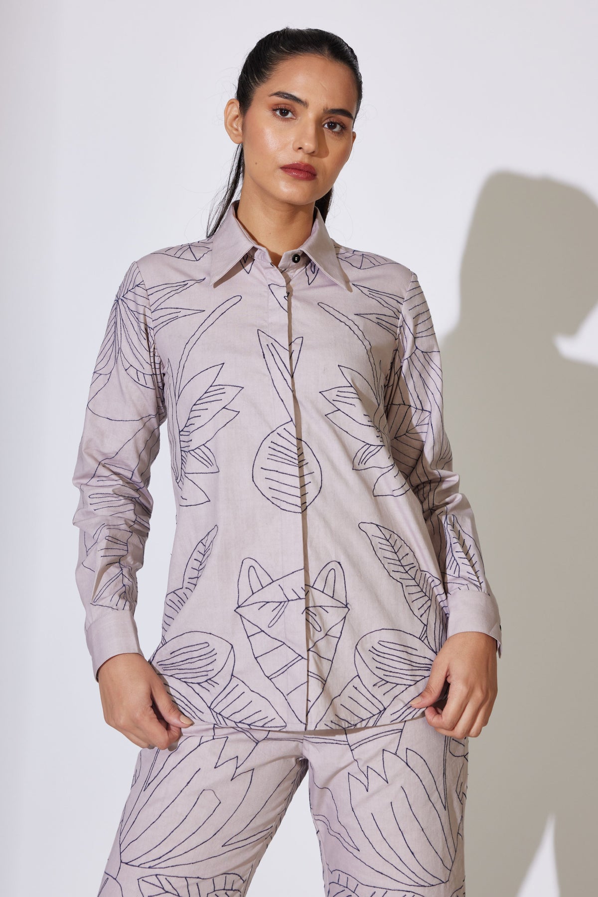 Grey Plain Embroidered Shirt