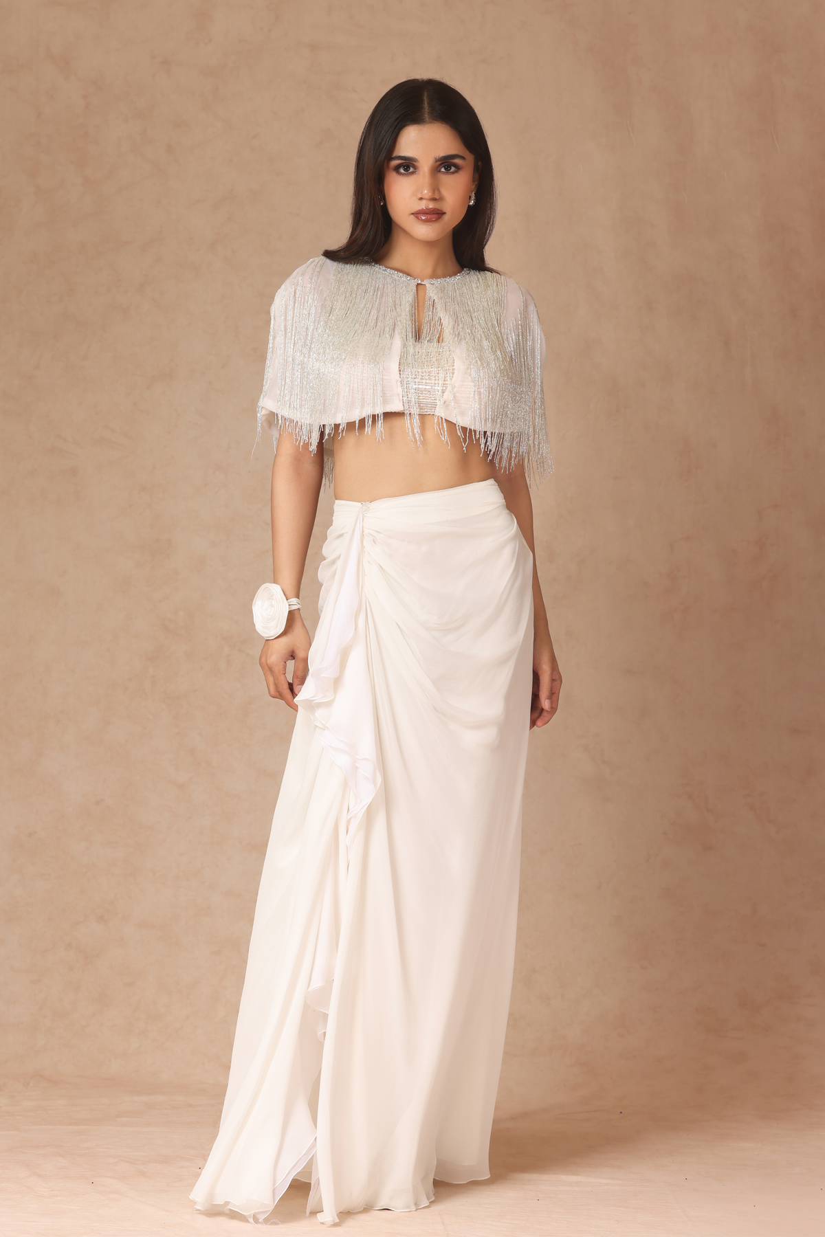 Ivory Fringe Capelet With Chiffon Skirt &amp; Ruched Bandeau