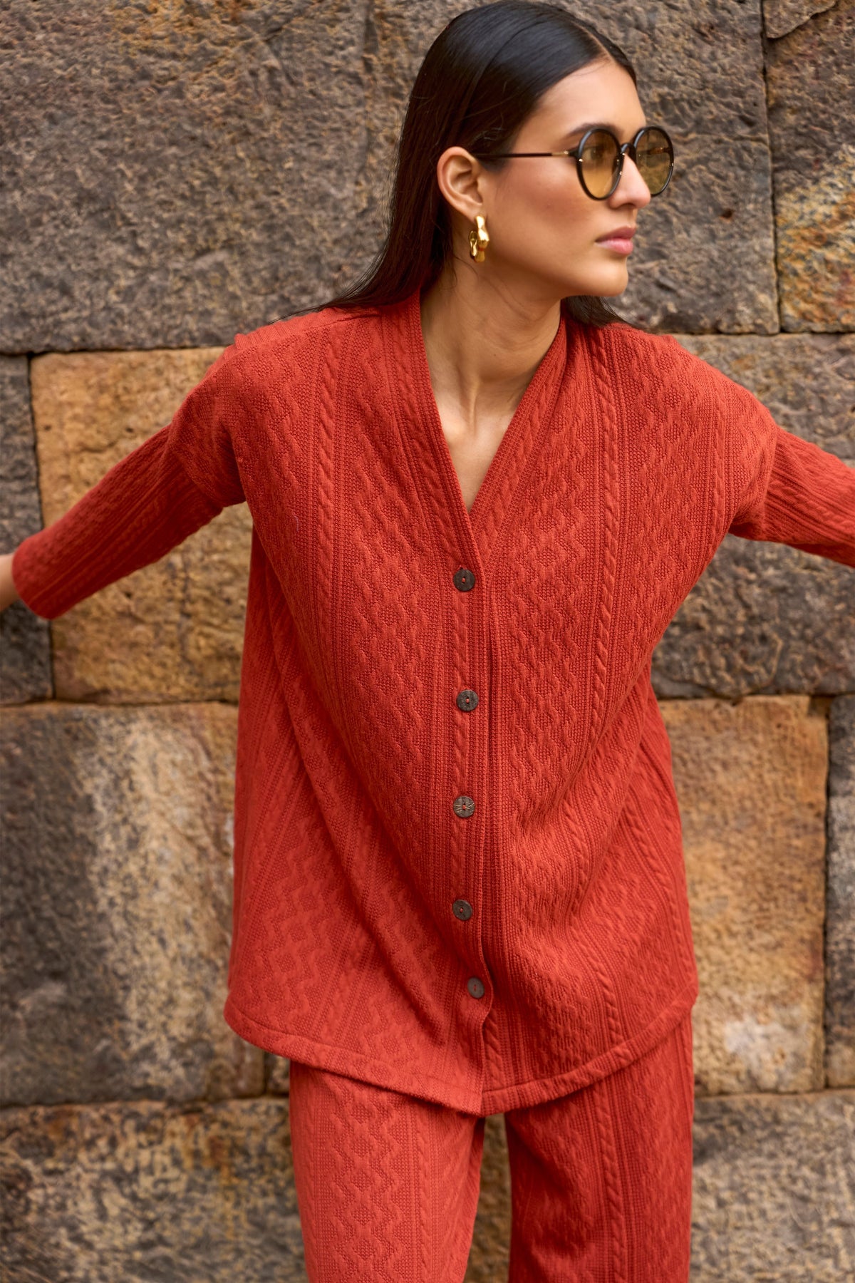 Rust Knit Popover Top