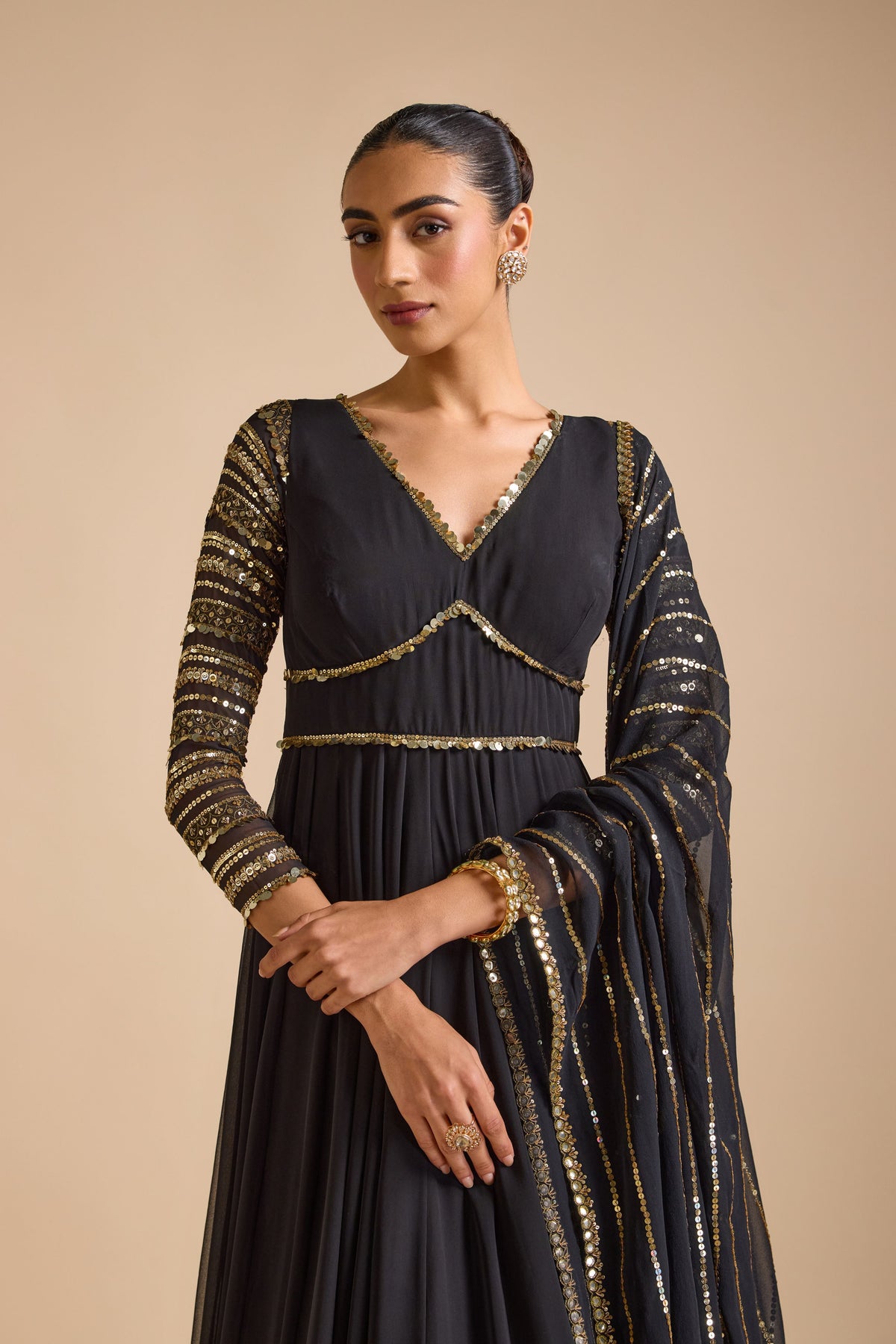 Black Embellished Sleeves Anarkali Set