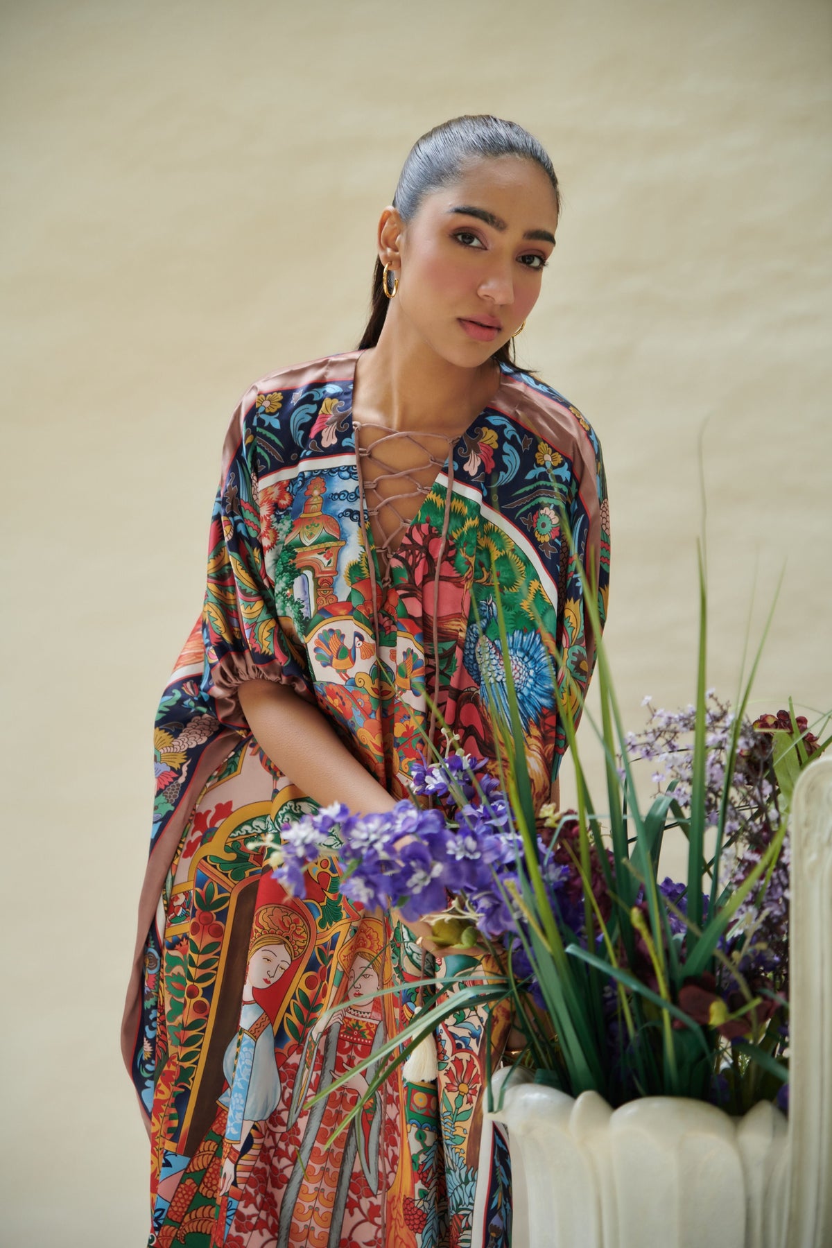 Multicolor V Neck Long Kaftan