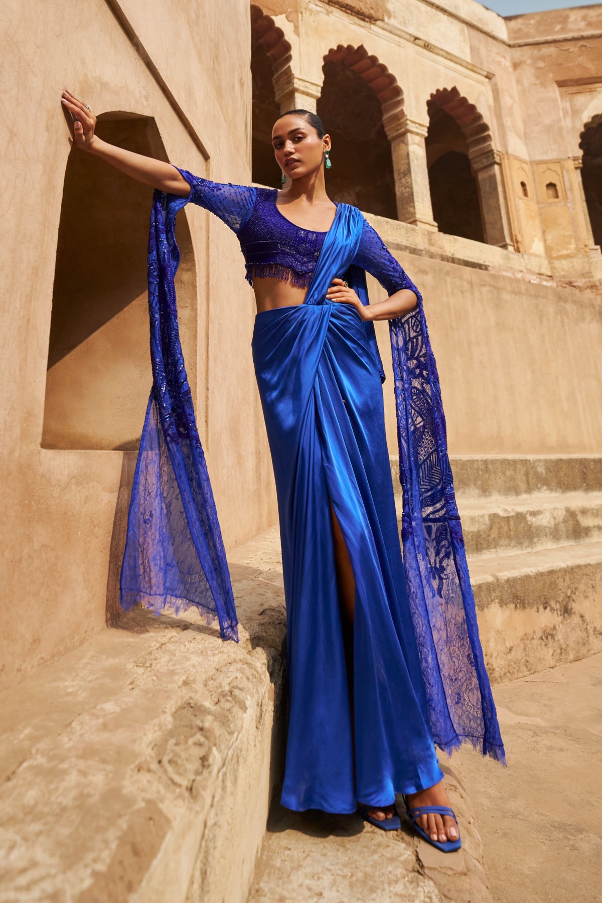 Blue Moonlit Mirage Draped Saree Set