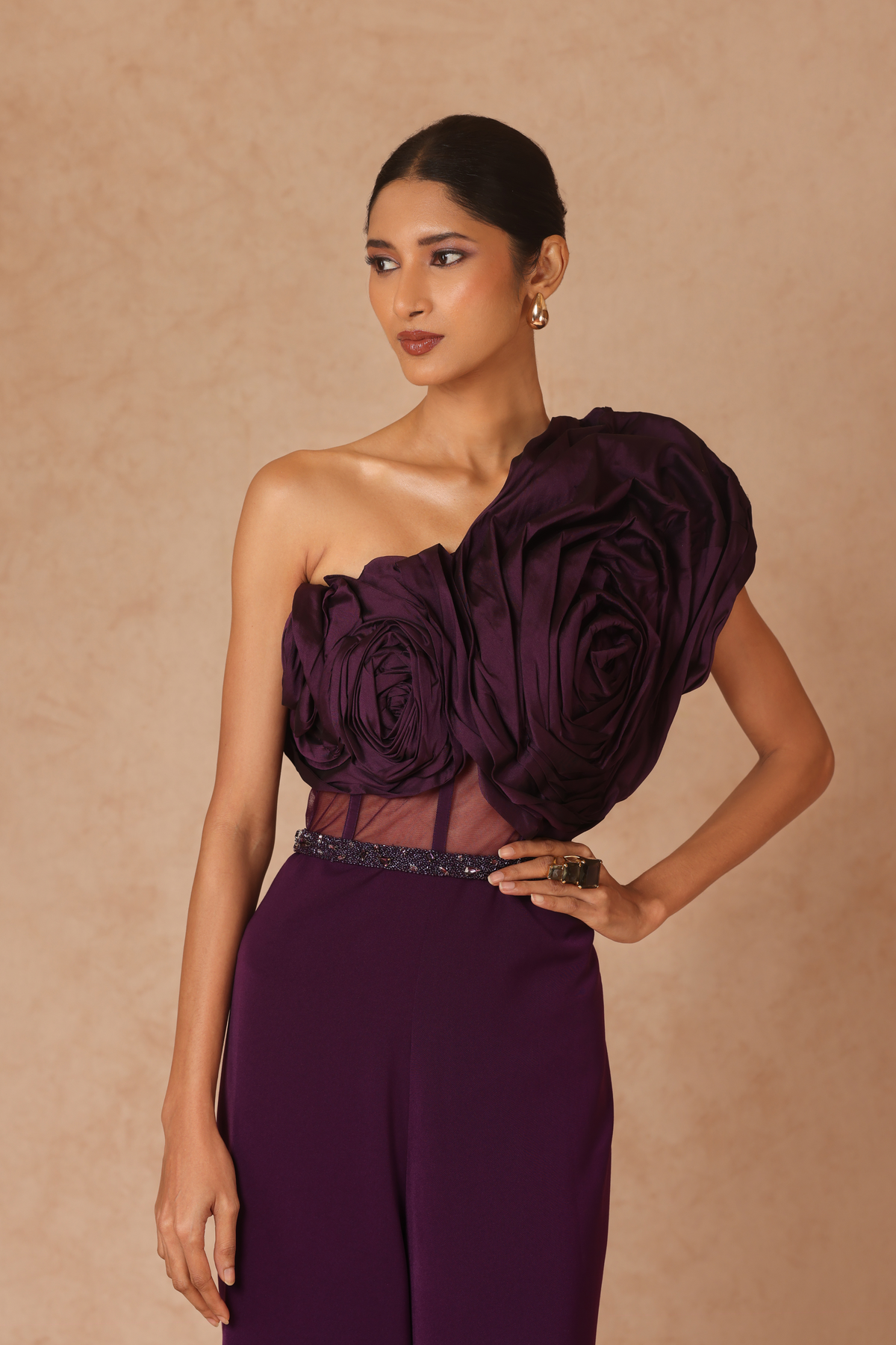 Purple Taffeta Draped Jumpsuit With Belt