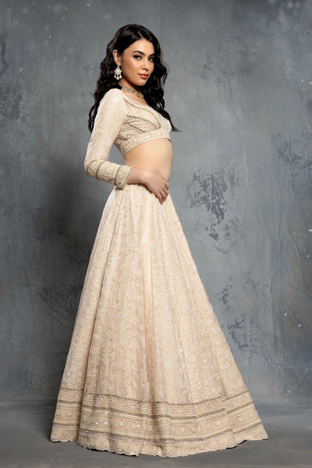 Ecru Threadwork Embroidery Lehenga Set