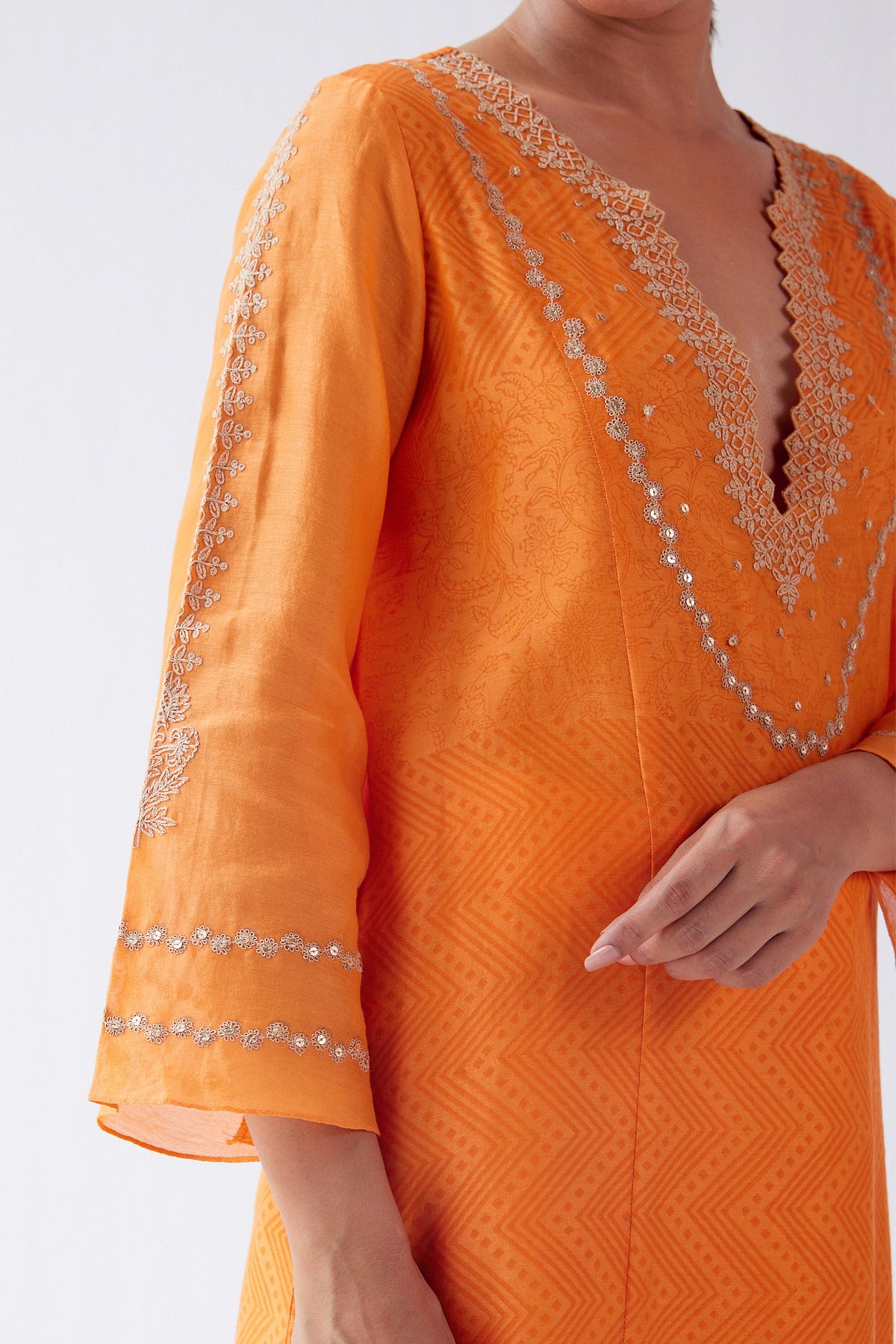 Orange Block Print Embroidered Kurta Set