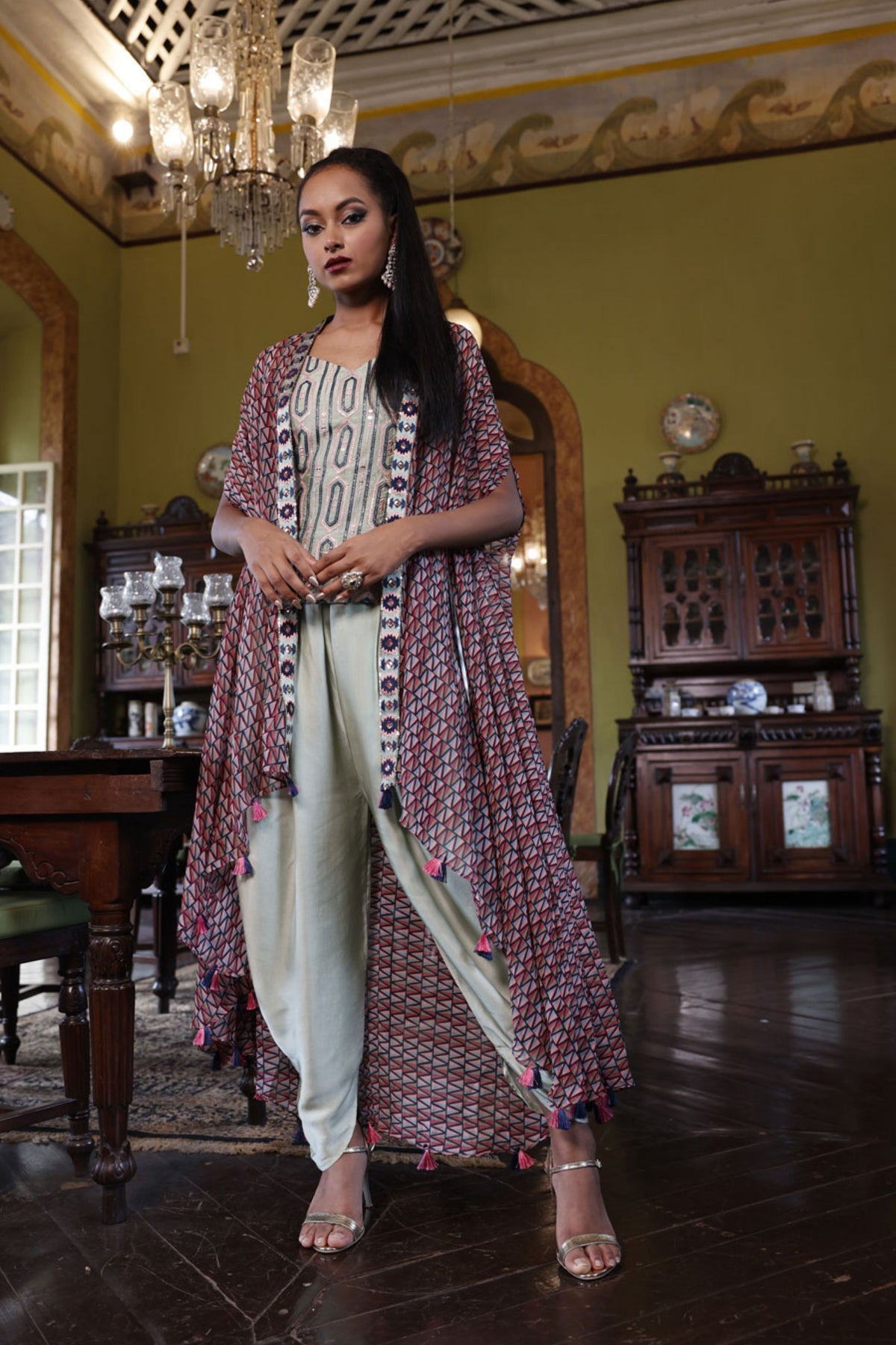 Printed Cape with Pre-Embroidered Singlet and Salwar Pants