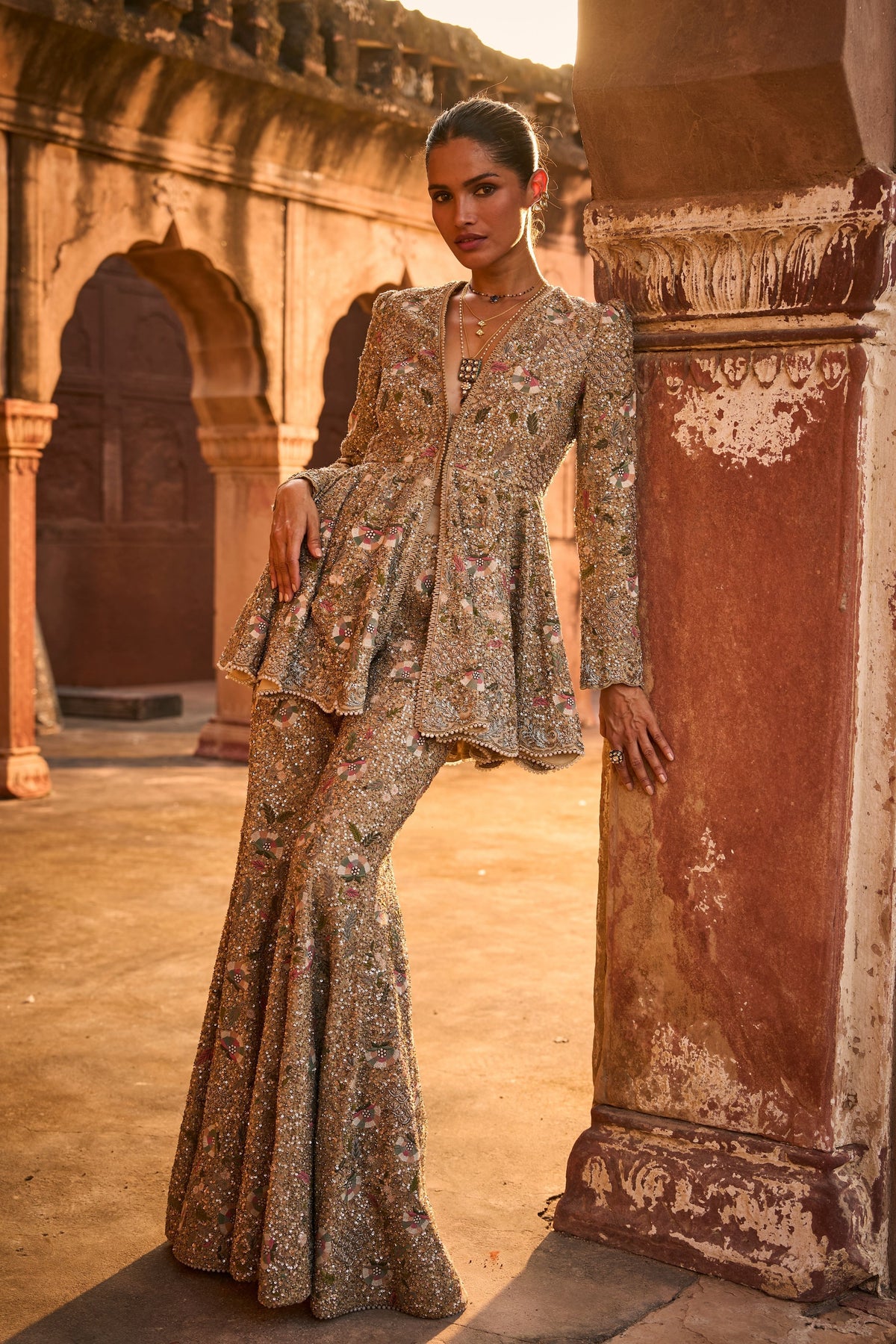 Embroidered Golden Beige Sharara Set