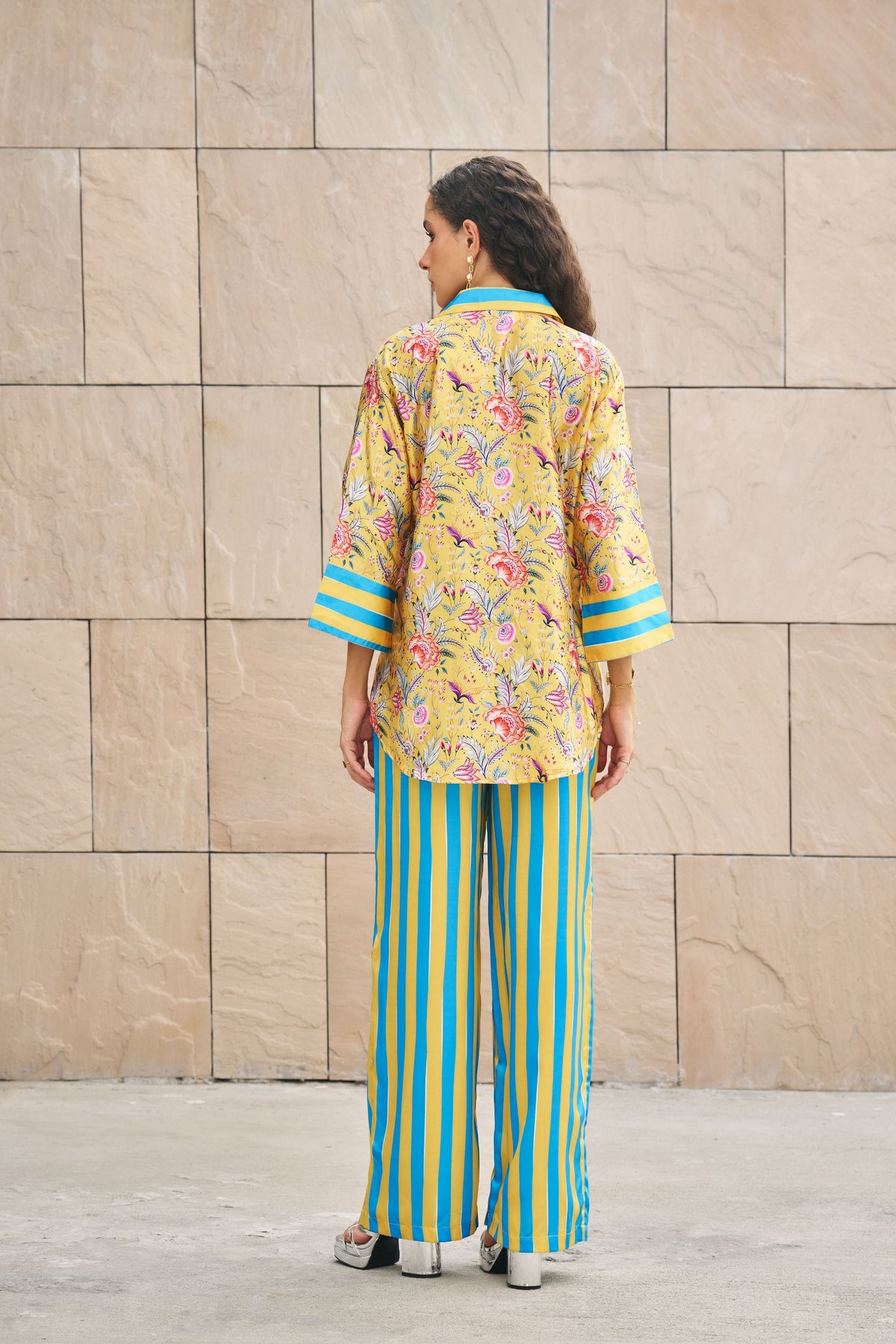 Yellow Floral Shirt With Stripe Pants