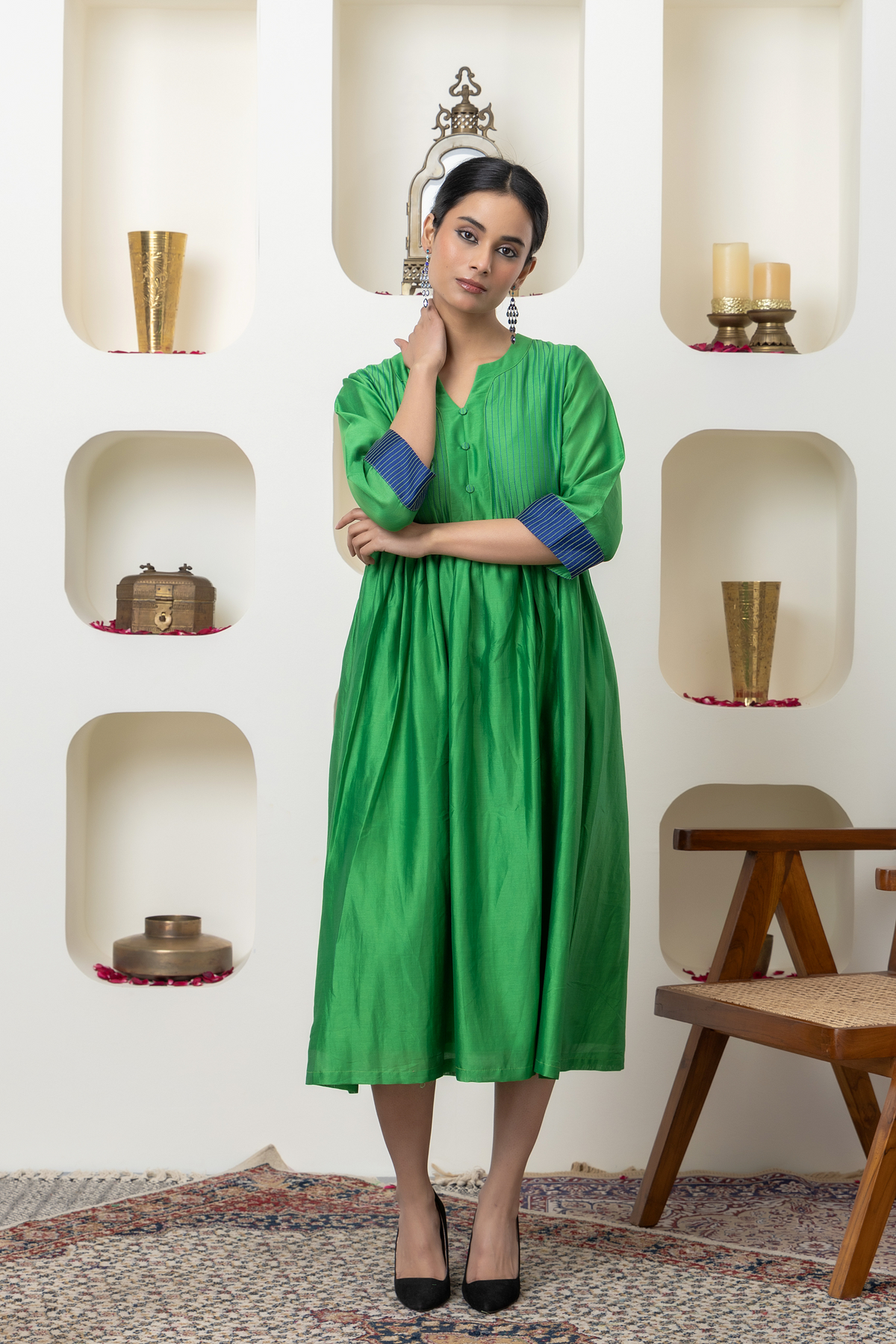 Bottle Green Chanderi Dress