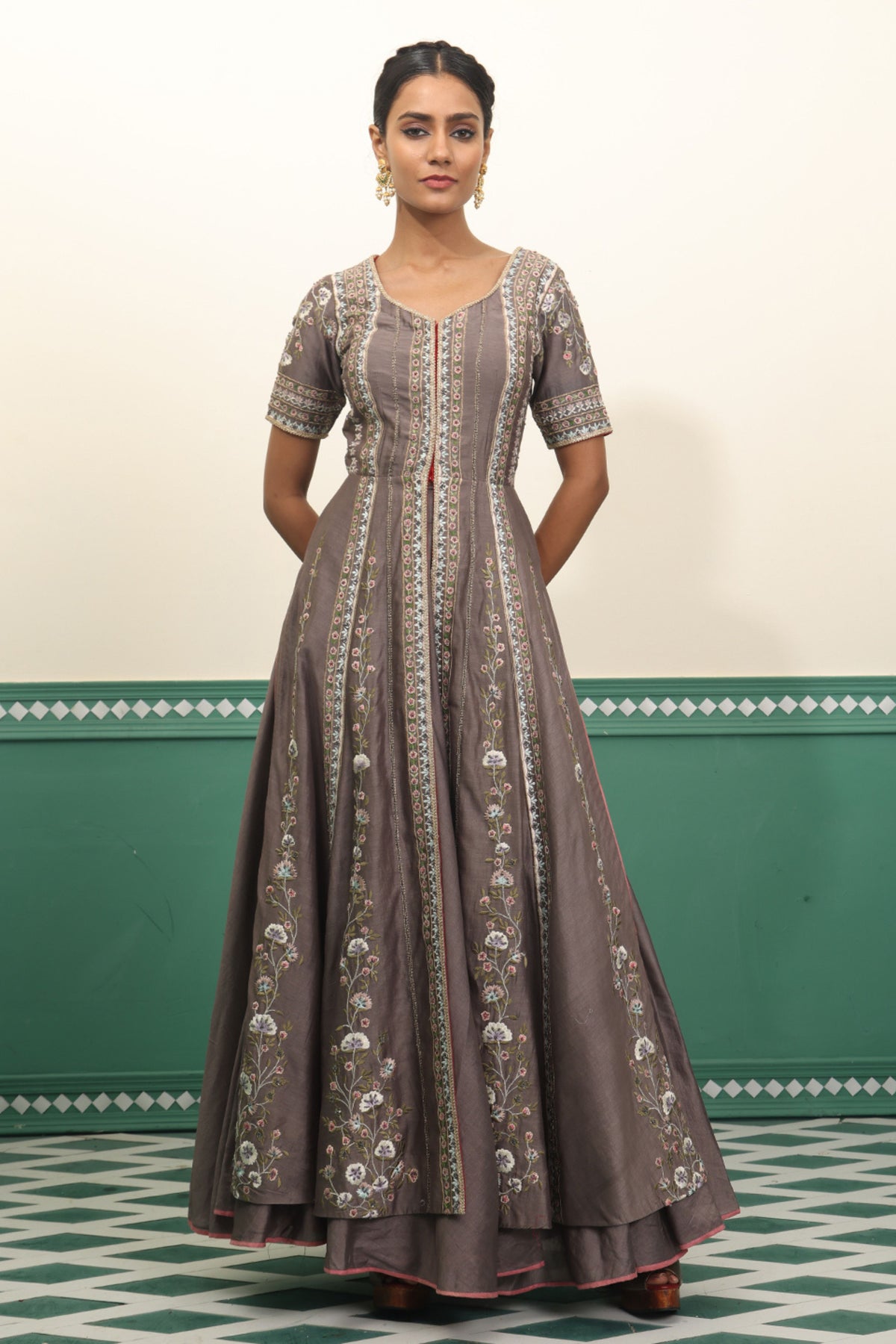 Grey Anarkali &amp; Skirt Set