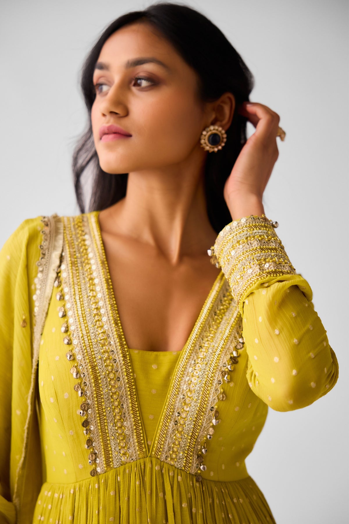 Yellow Banarasi Chinon Anarkali Set