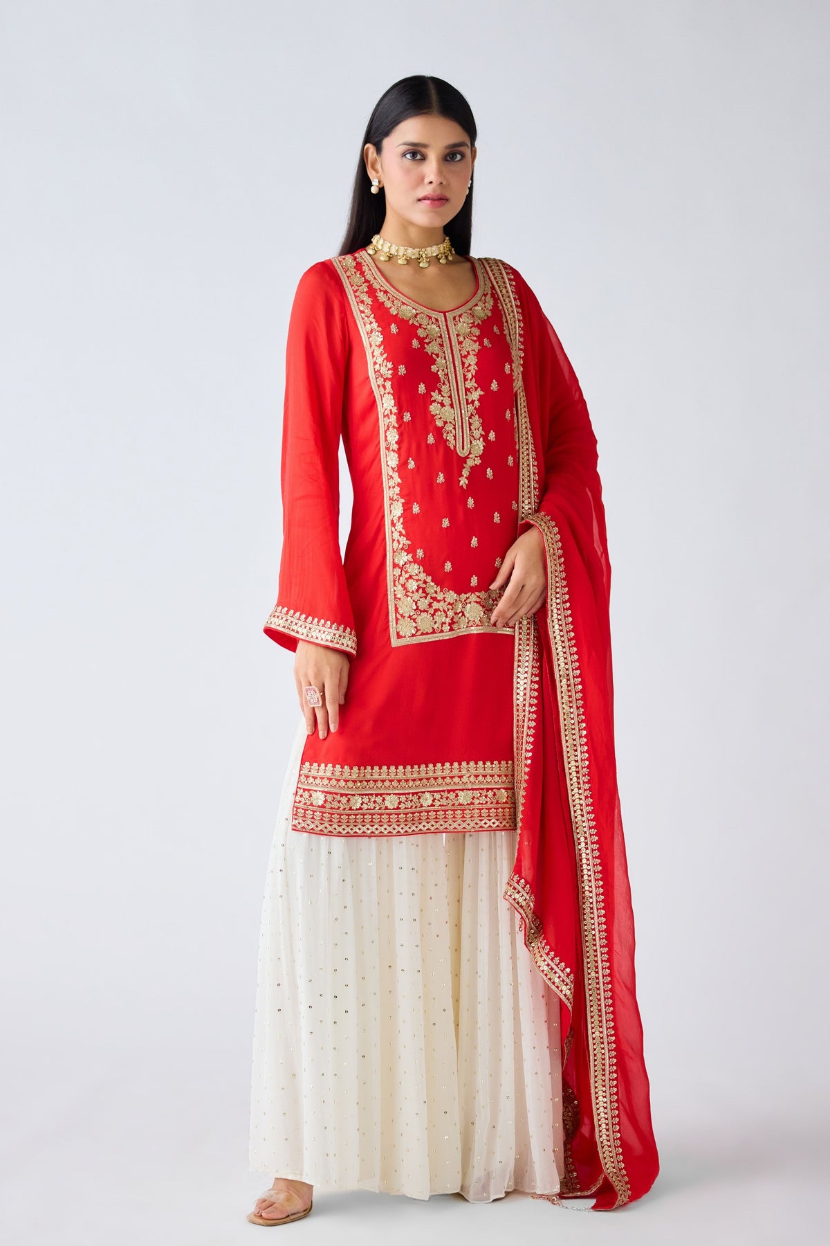 Red Zari Work Organza Sharara Set